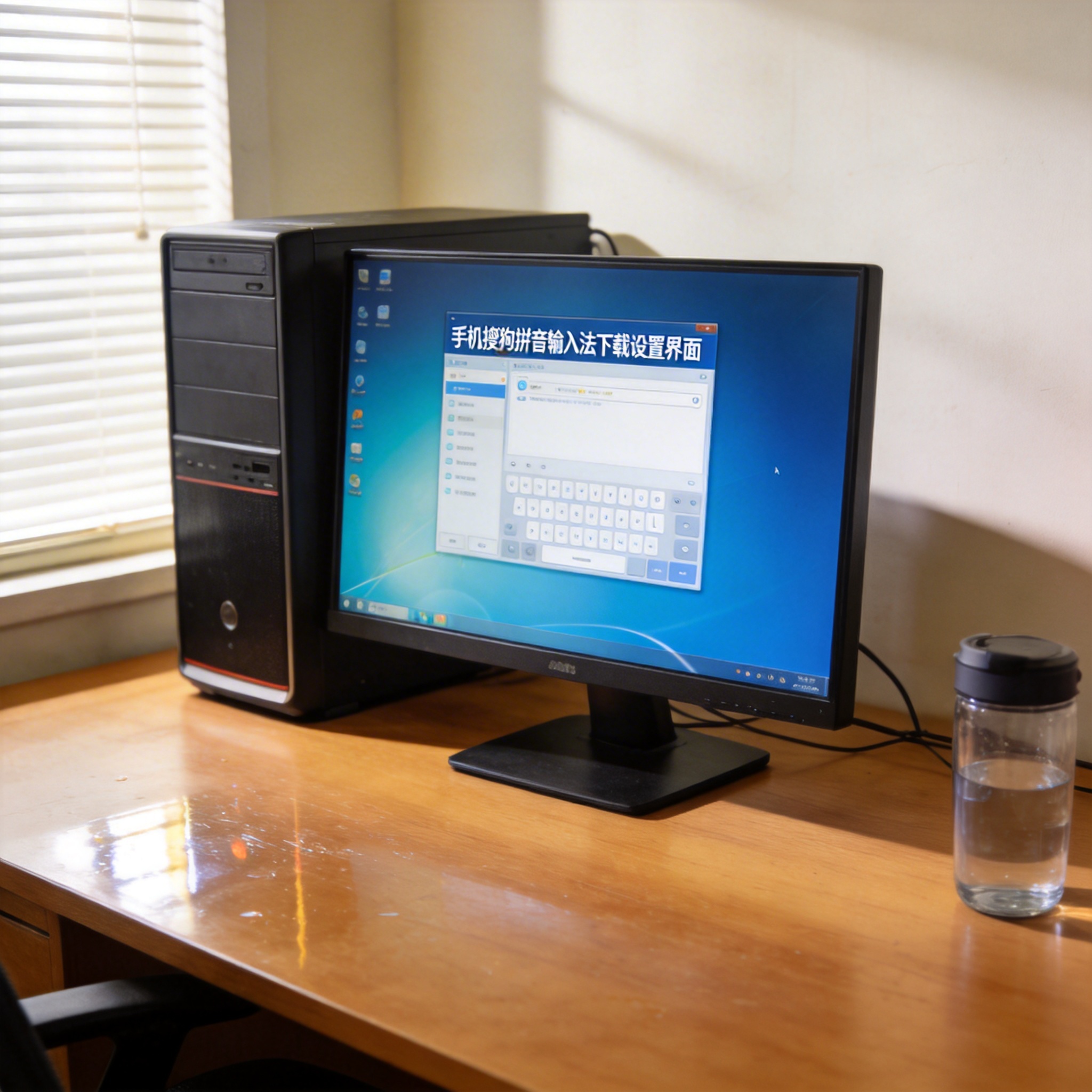 书桌上的主机，屏幕显示手机搜狗拼音输入法下载设置界面，桌角放着水杯，自然光