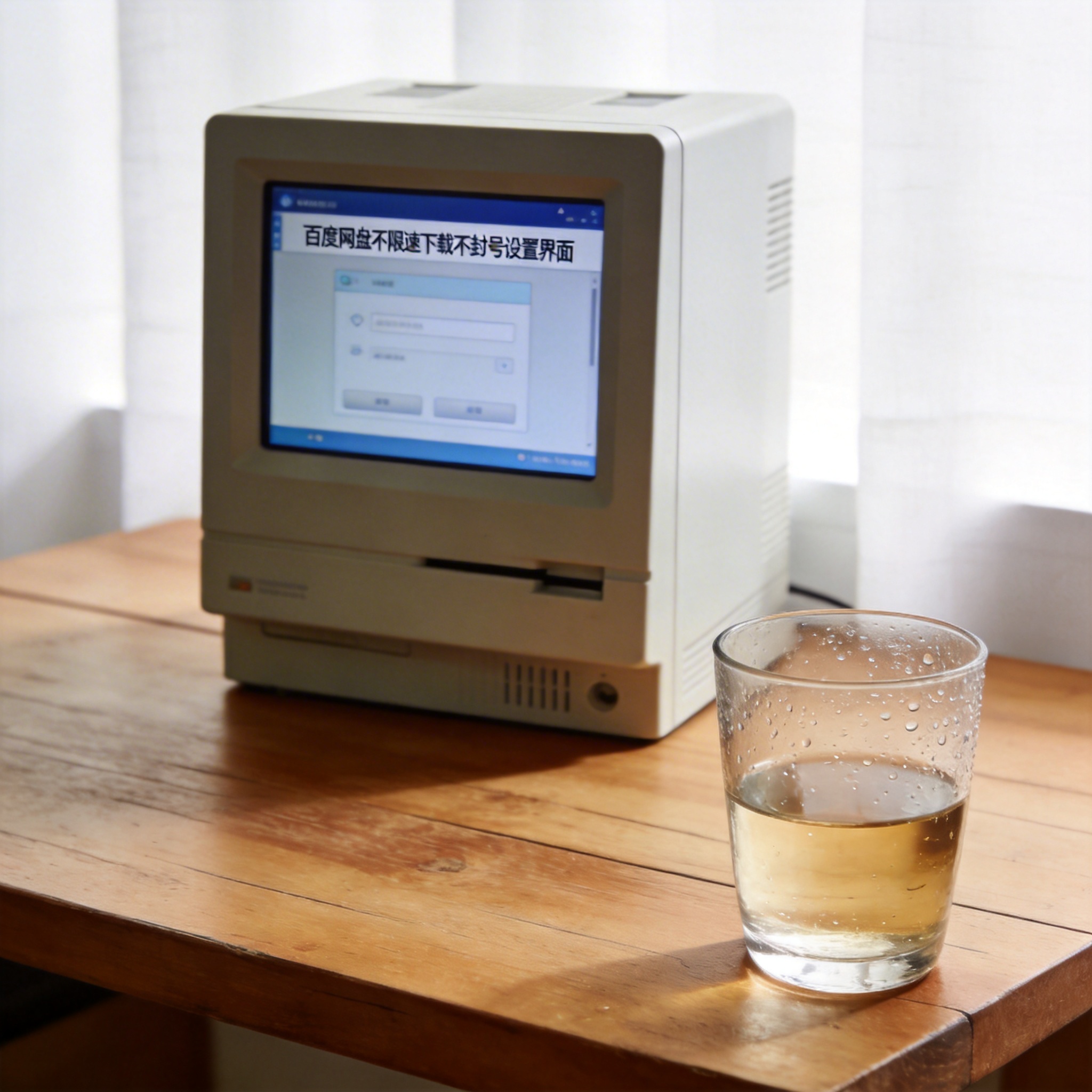 书桌上的主机，屏幕显示百度网盘不限速下载不封号设置界面，桌角放着水杯，自然光