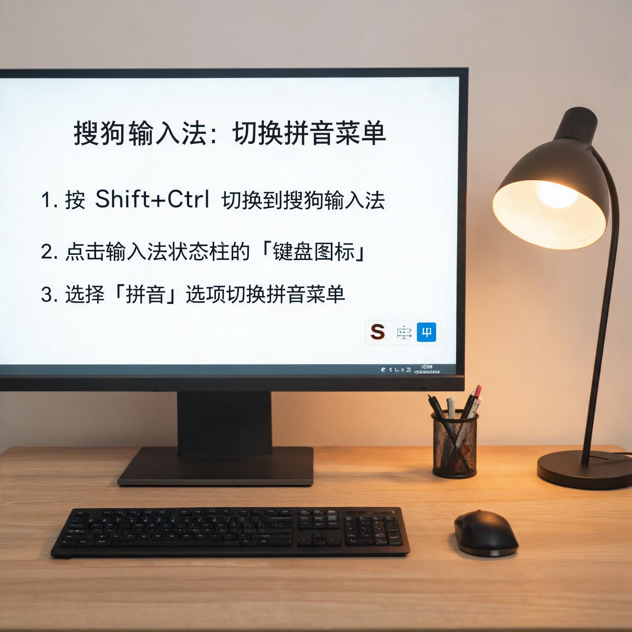 电脑桌上的电脑，屏幕显示搜狗输入法如何切换拼音菜单，旁边放着台灯