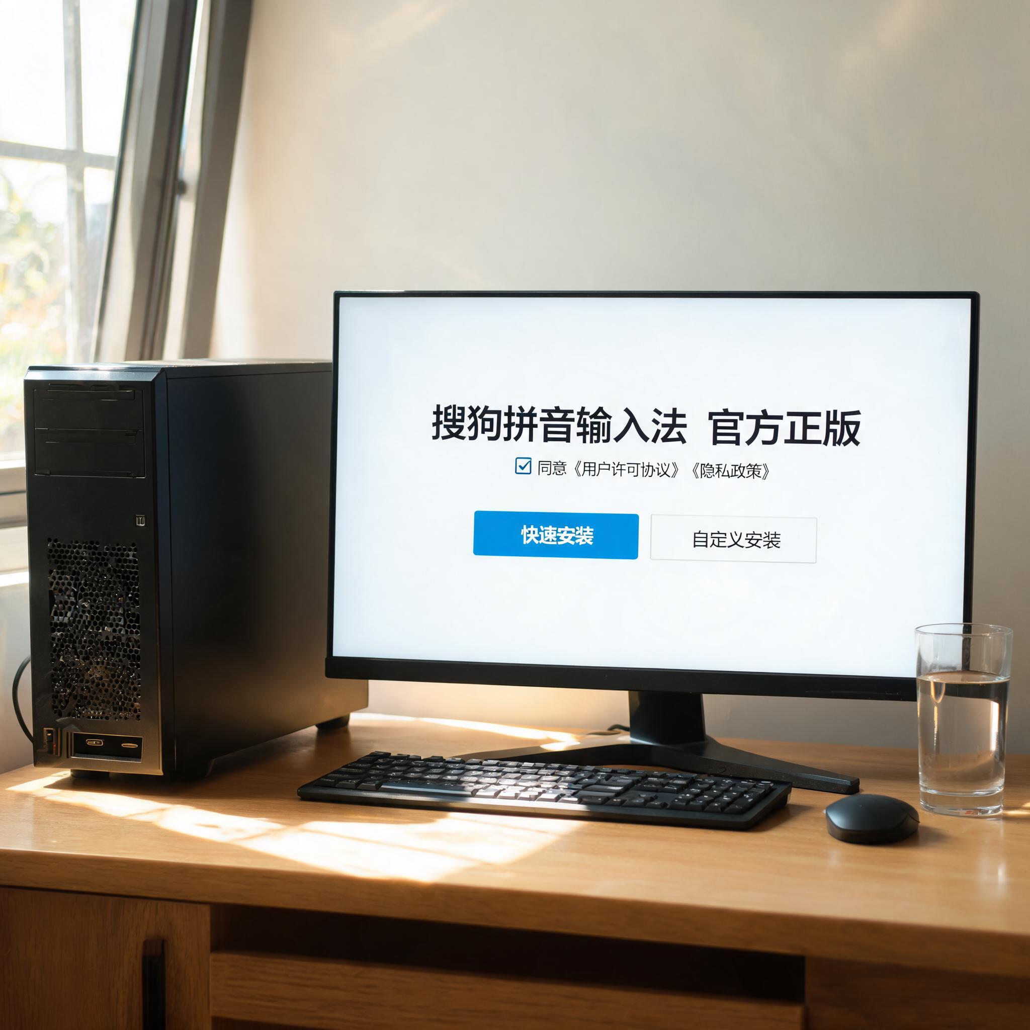 书桌上的主机，屏幕显示搜狗拼音官方正版安装设置界面，桌角放着水杯，自然光
