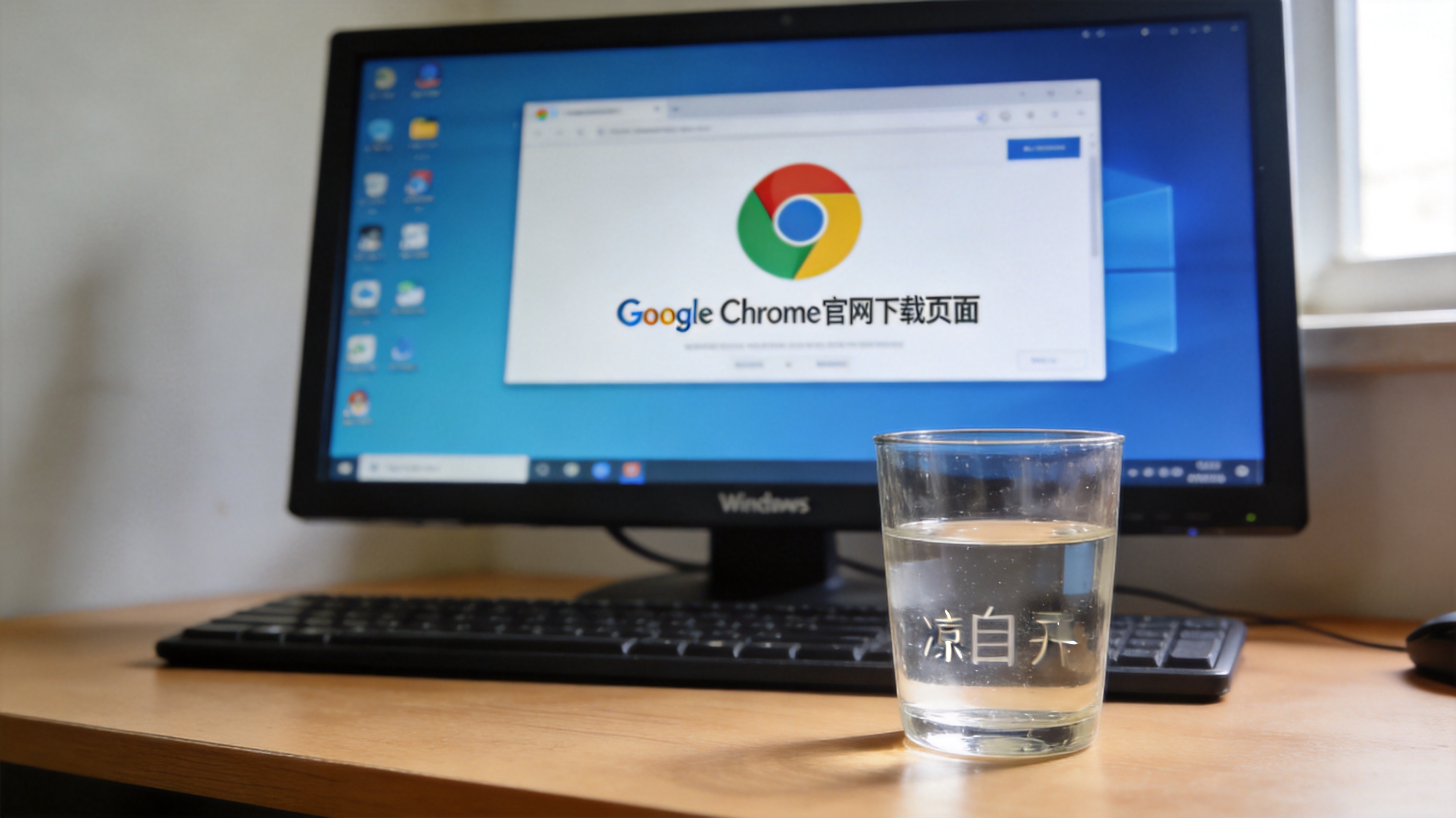 电脑桌的Windows系统电脑，屏幕显示谷歌浏览器官网下载页面，桌面放着半杯凉白开，室内自然光