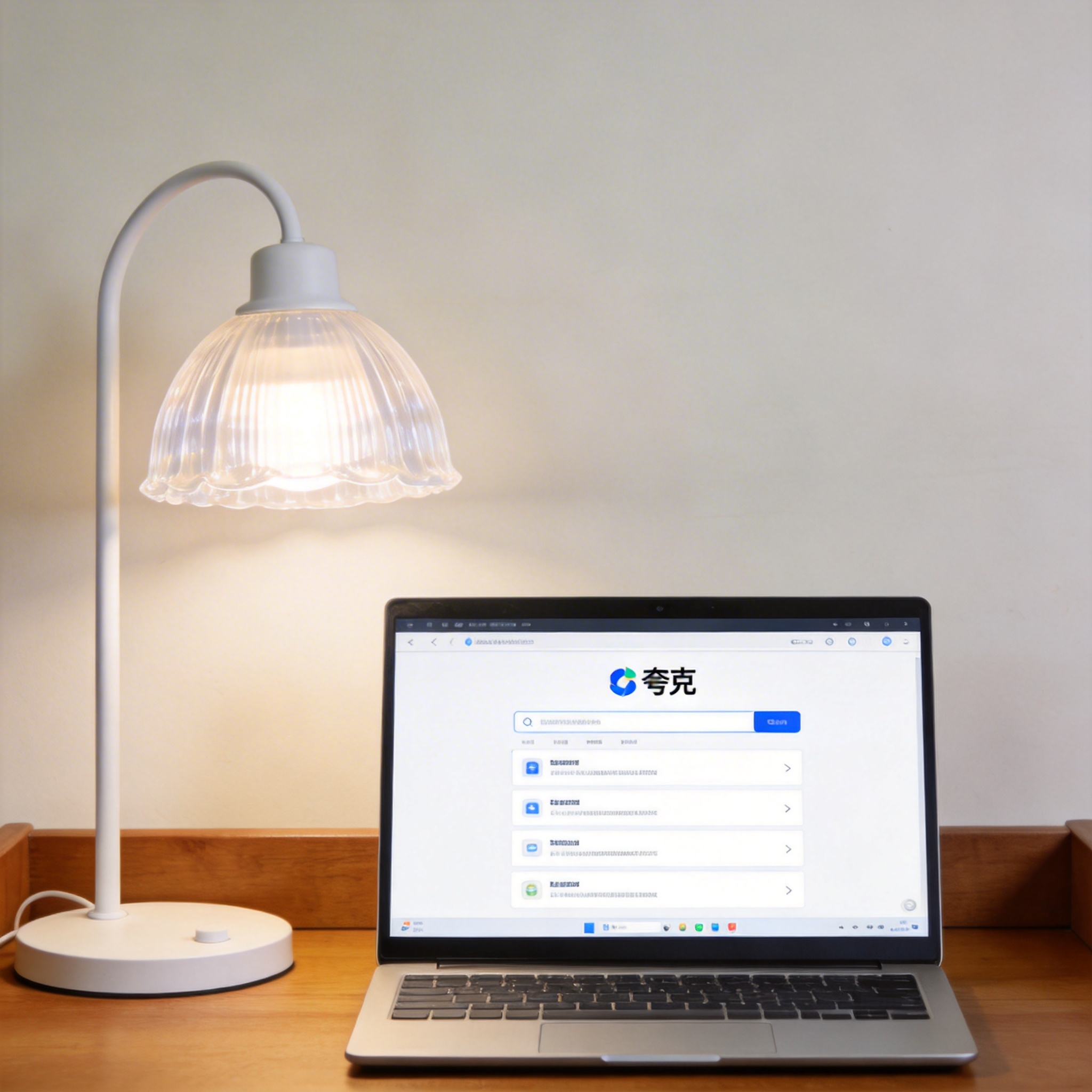 电脑桌上的电脑，屏幕显示夸克界面，旁边放着台灯