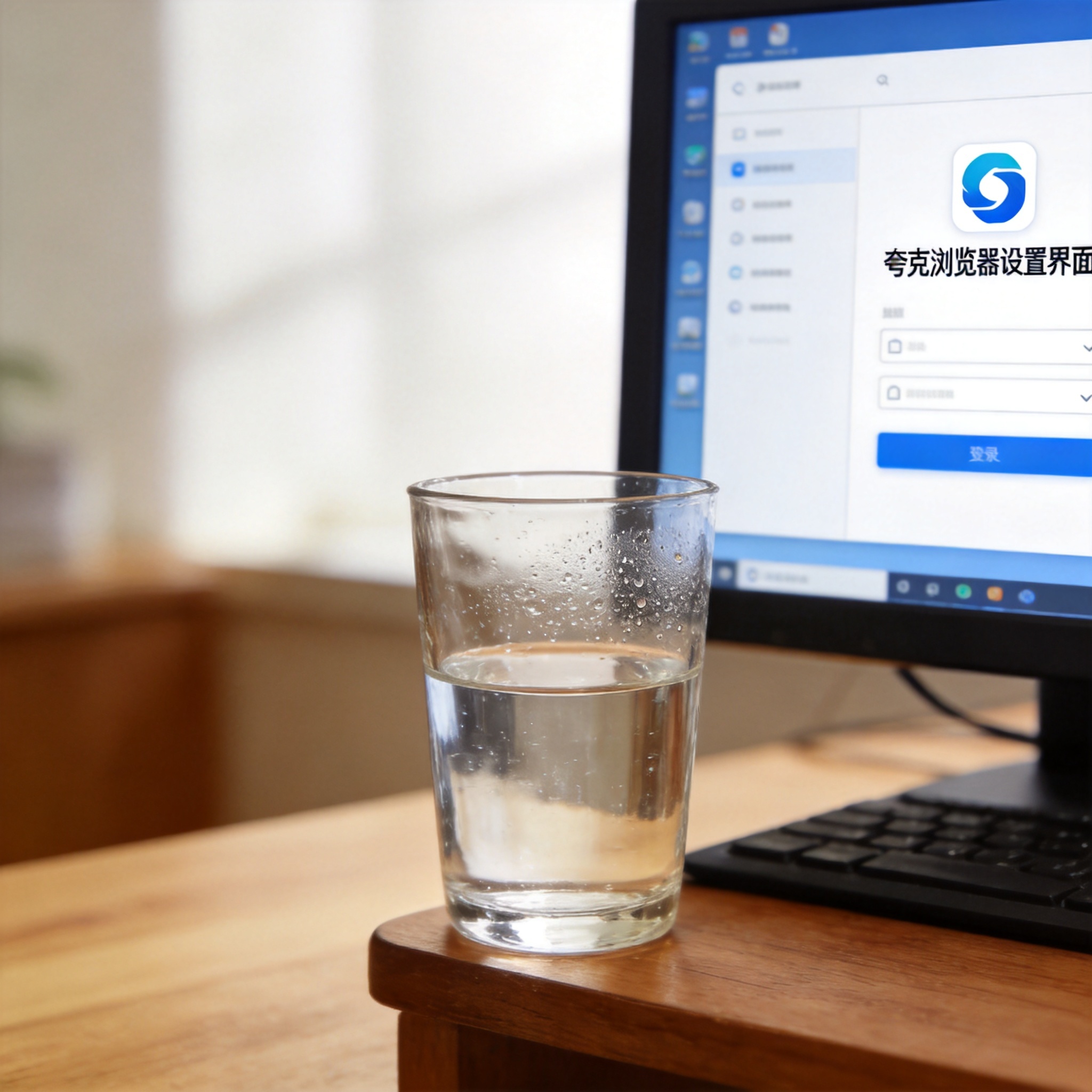 书桌上的电脑，屏幕显示夸克浏览器设置界面，桌角放着水杯，自然光
