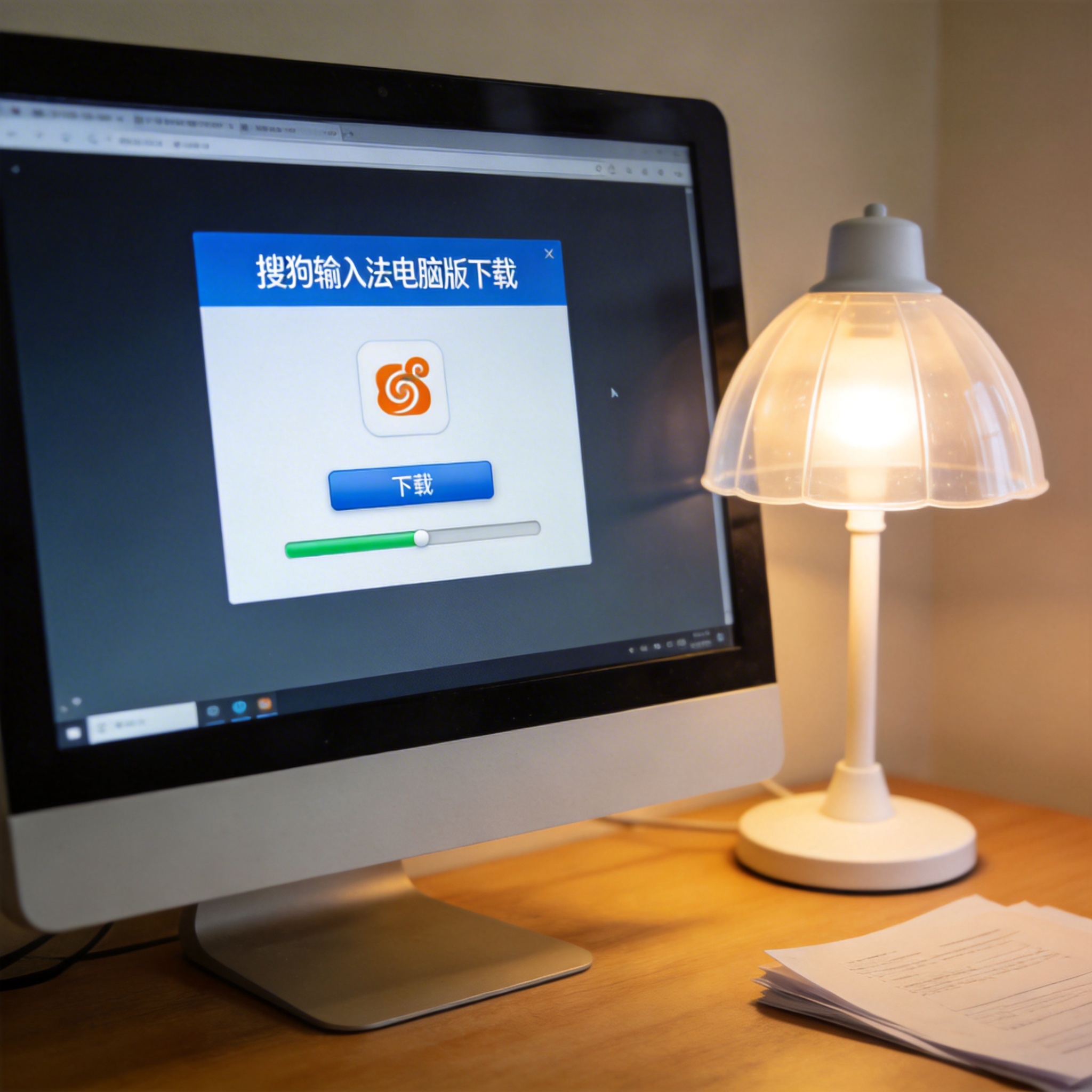 电脑桌上的电脑，屏幕显示搜狗输入法电脑版下载界面，旁边放着台灯