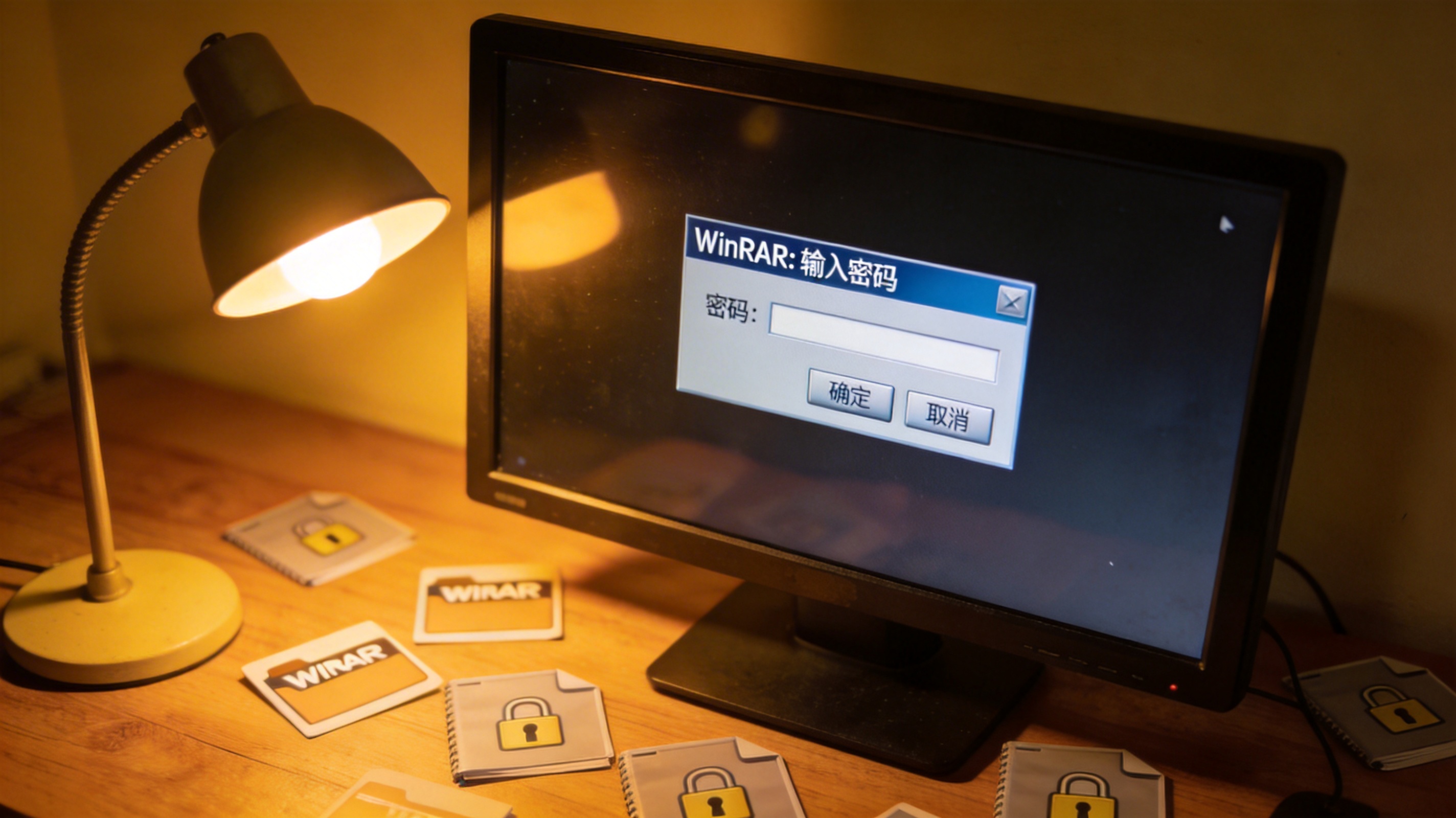 台式机电脑屏幕显示WinRAR密码输入对话框，桌面散落着加密压缩包文件，台灯暖光