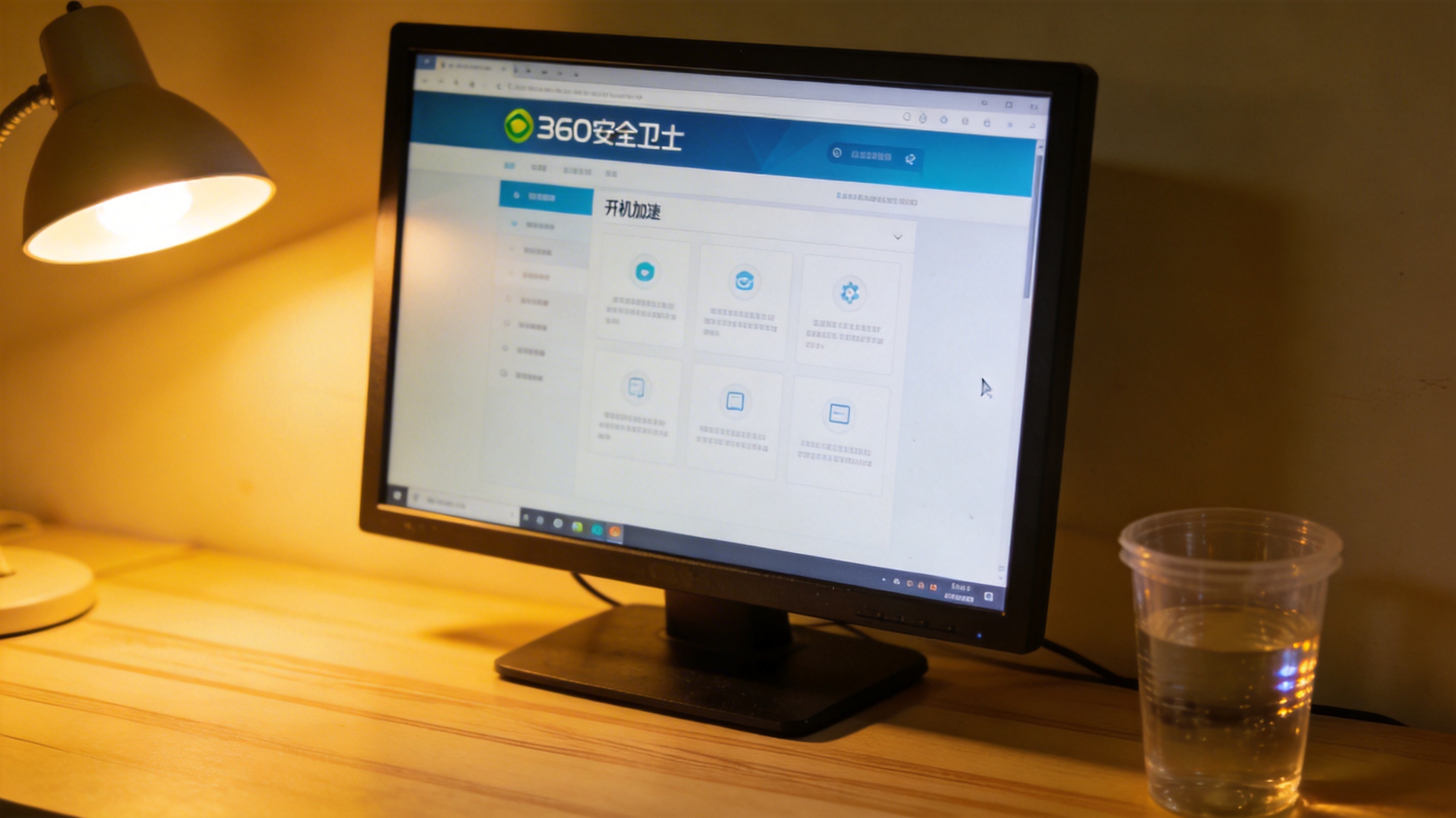 台式机电脑屏幕显示360安全卫士开机加速的服务项页面，桌面角落有塑料水杯，台灯暖光