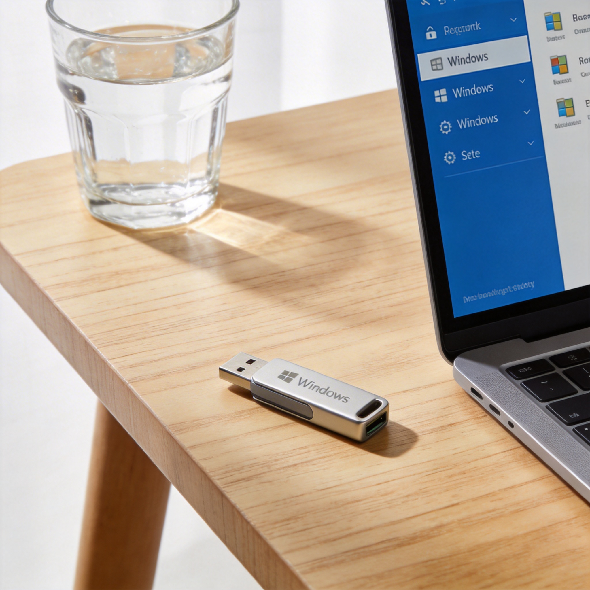 书桌上的U盘，屏幕显示Windows设置界面，桌角放着水杯，自然光