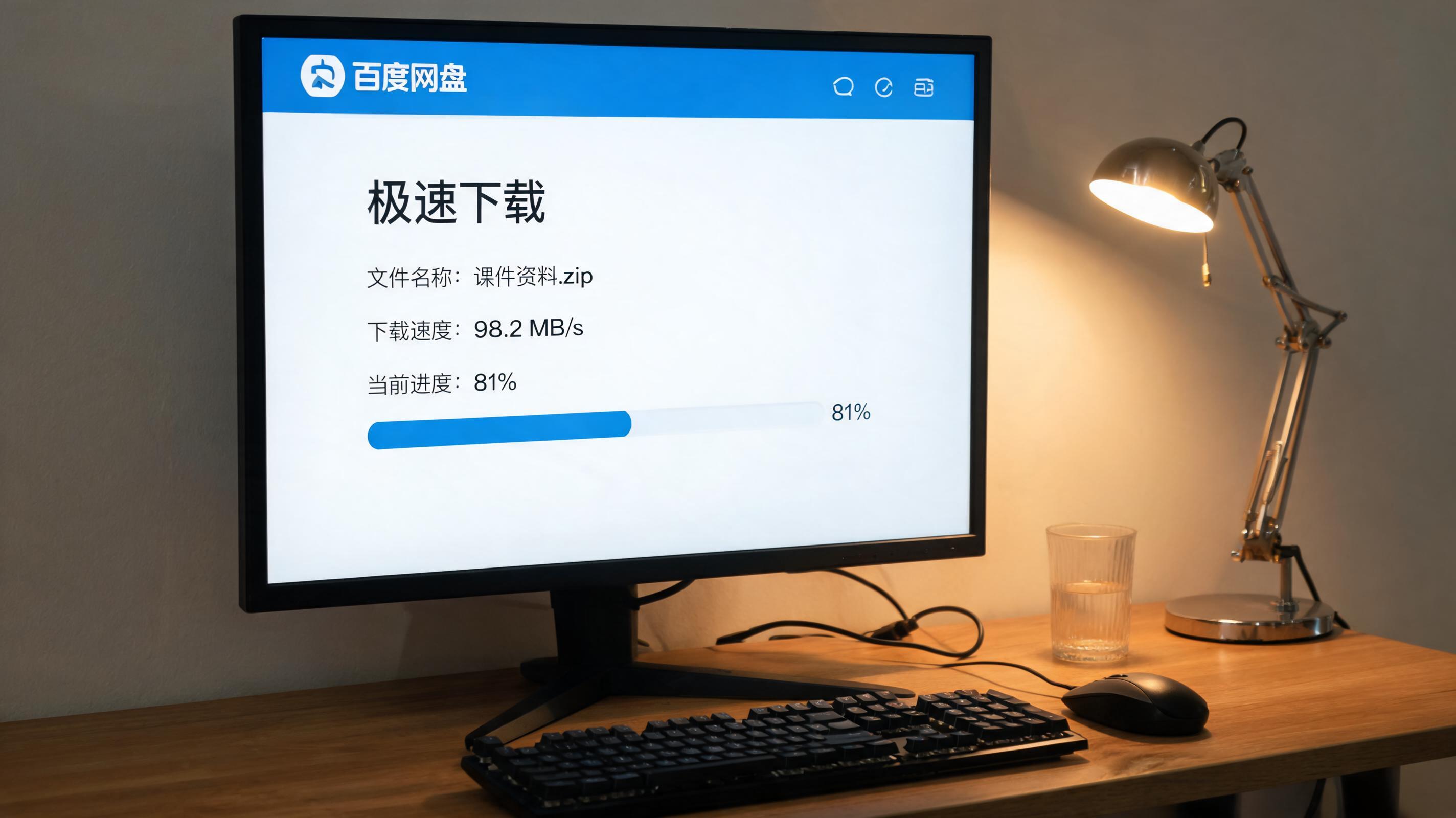电脑桌上的电脑，屏幕显示百度网盘极速下载真实速度界面，旁边放着台灯