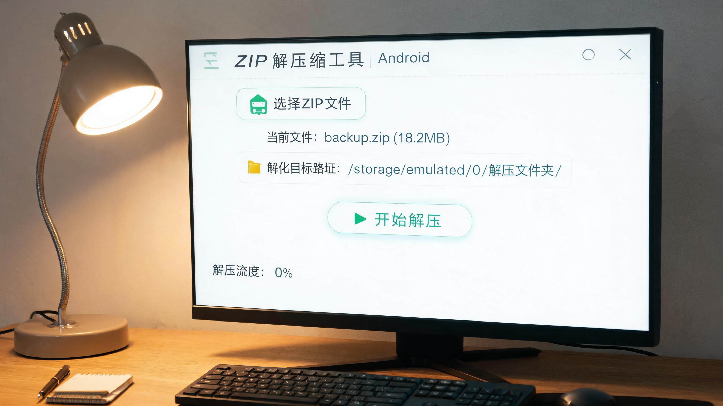 电脑桌上的电脑，屏幕显示安卓手机 zip 解压缩工具界面，旁边放着台灯