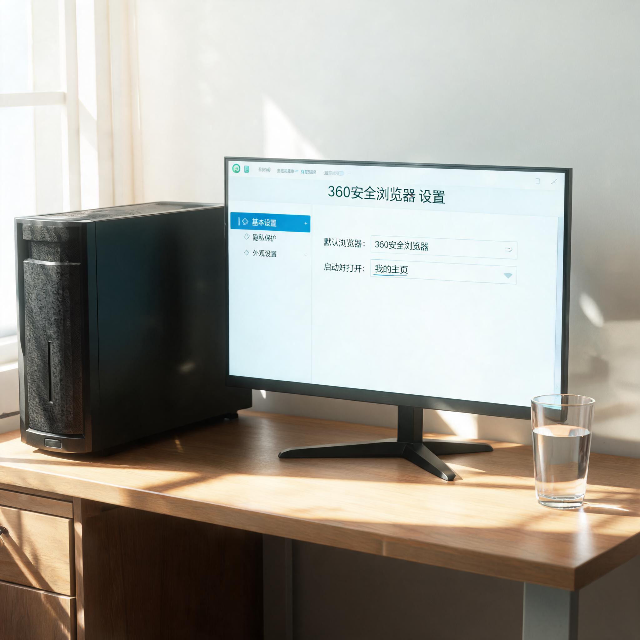 书桌上的主机，屏幕显示360安全浏览器设置界面，桌角放着水杯，自然光
