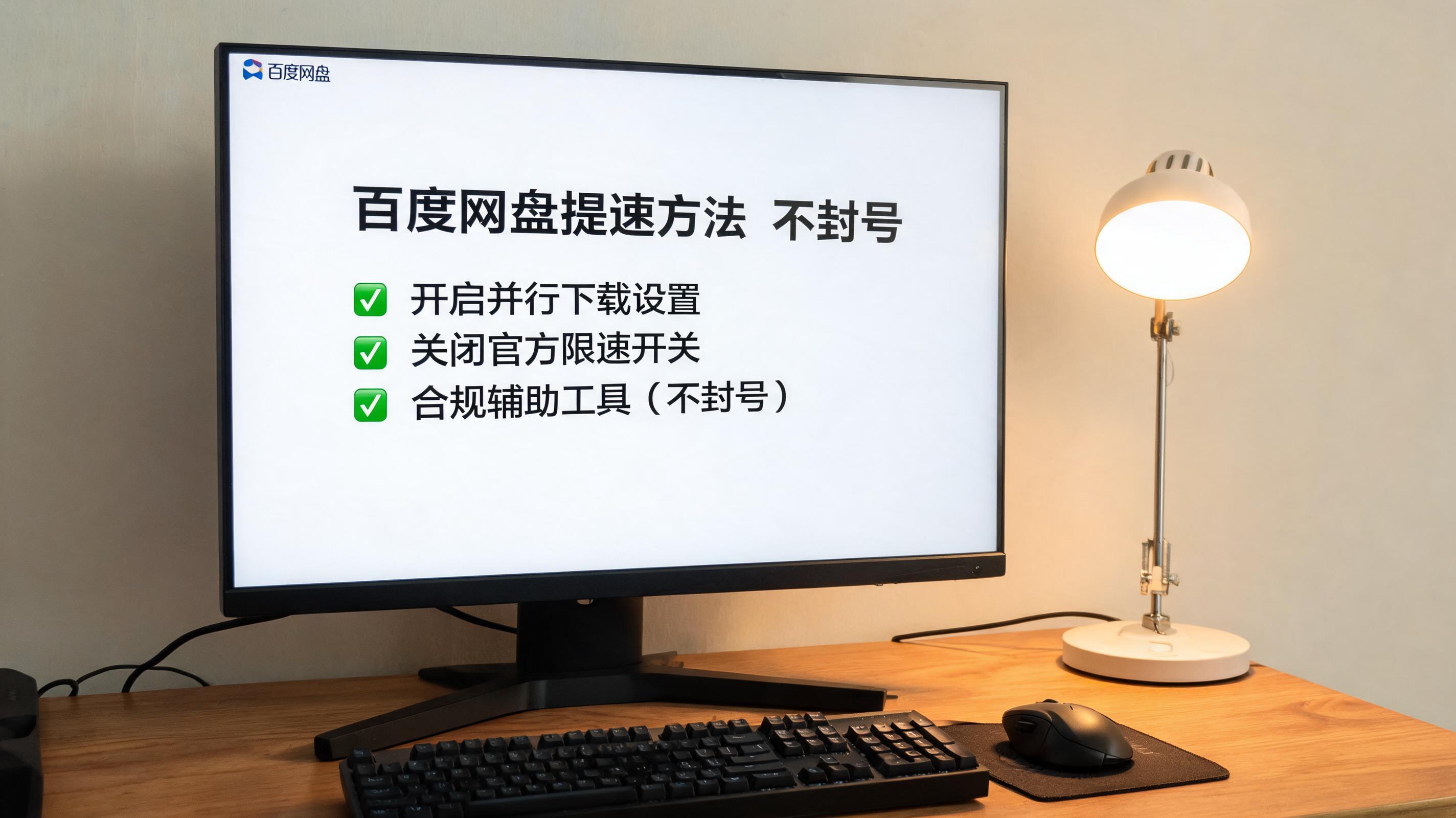 电脑桌上的电脑，屏幕显示百度网盘提速方法不封号界面，旁边放着台灯
