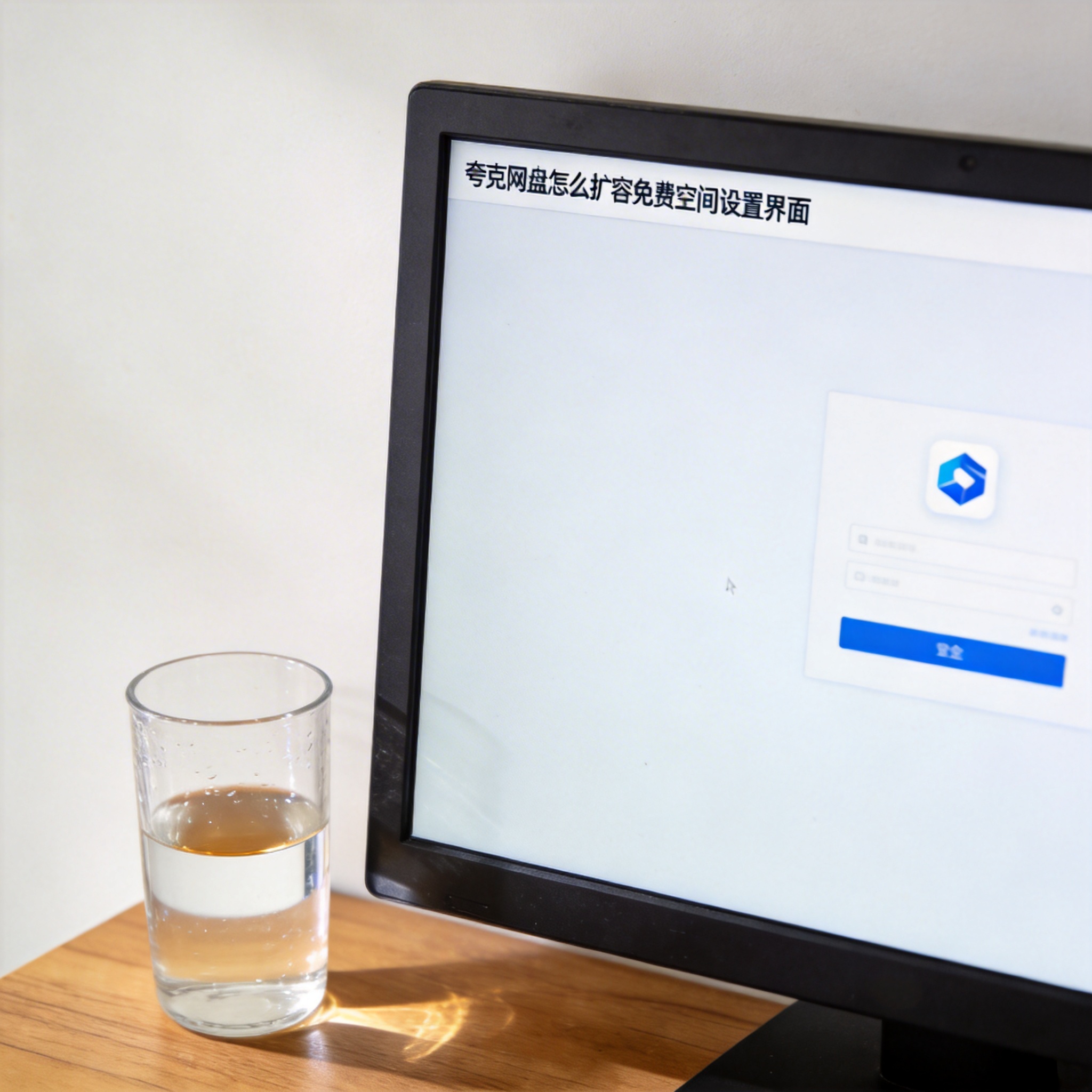 书桌上的主机，屏幕显示夸克网盘怎么扩容免费空间设置界面，桌角放着水杯，自然光