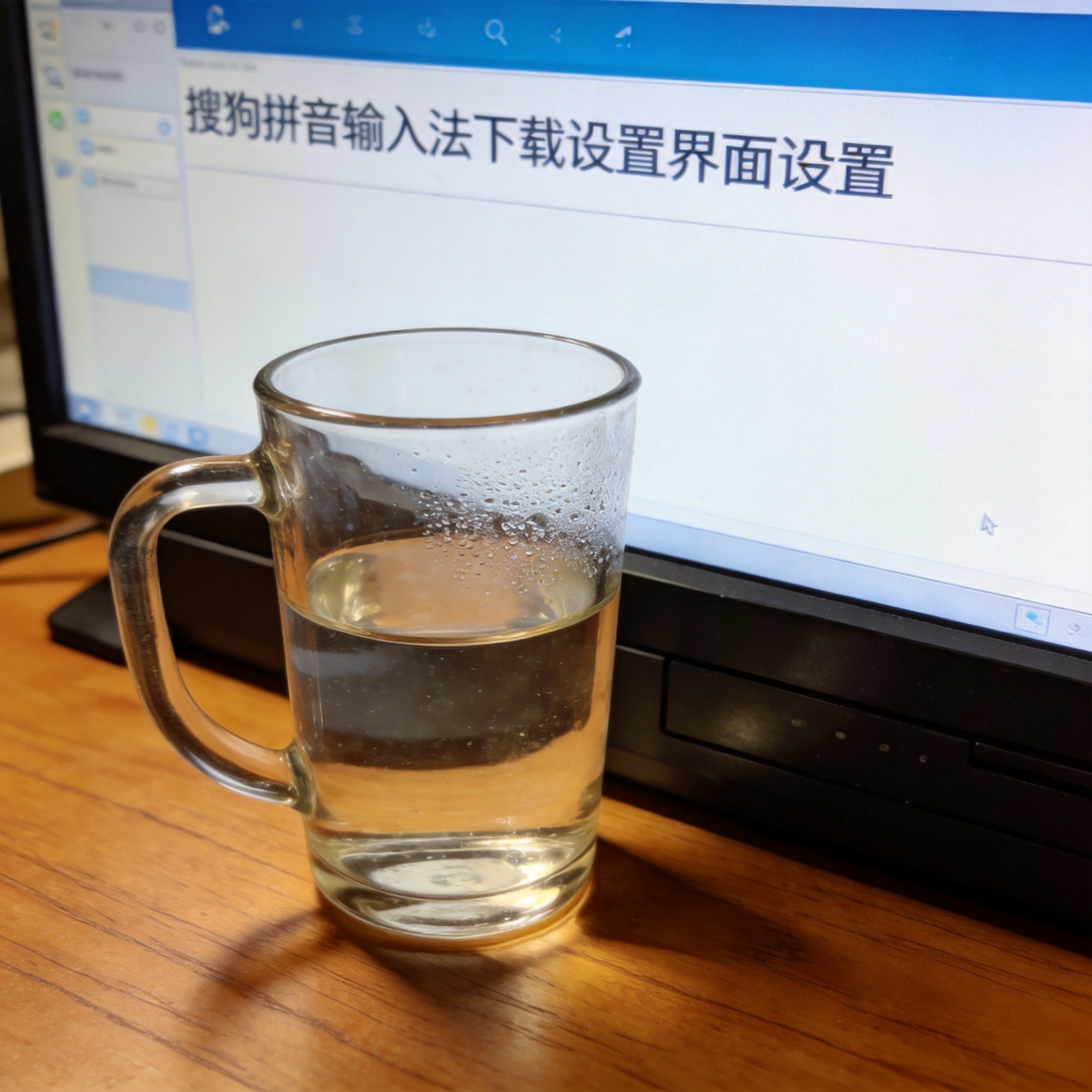 书桌上的主机，屏幕显示搜狗拼音输入法下载设置界面，桌角放着水杯，自然光