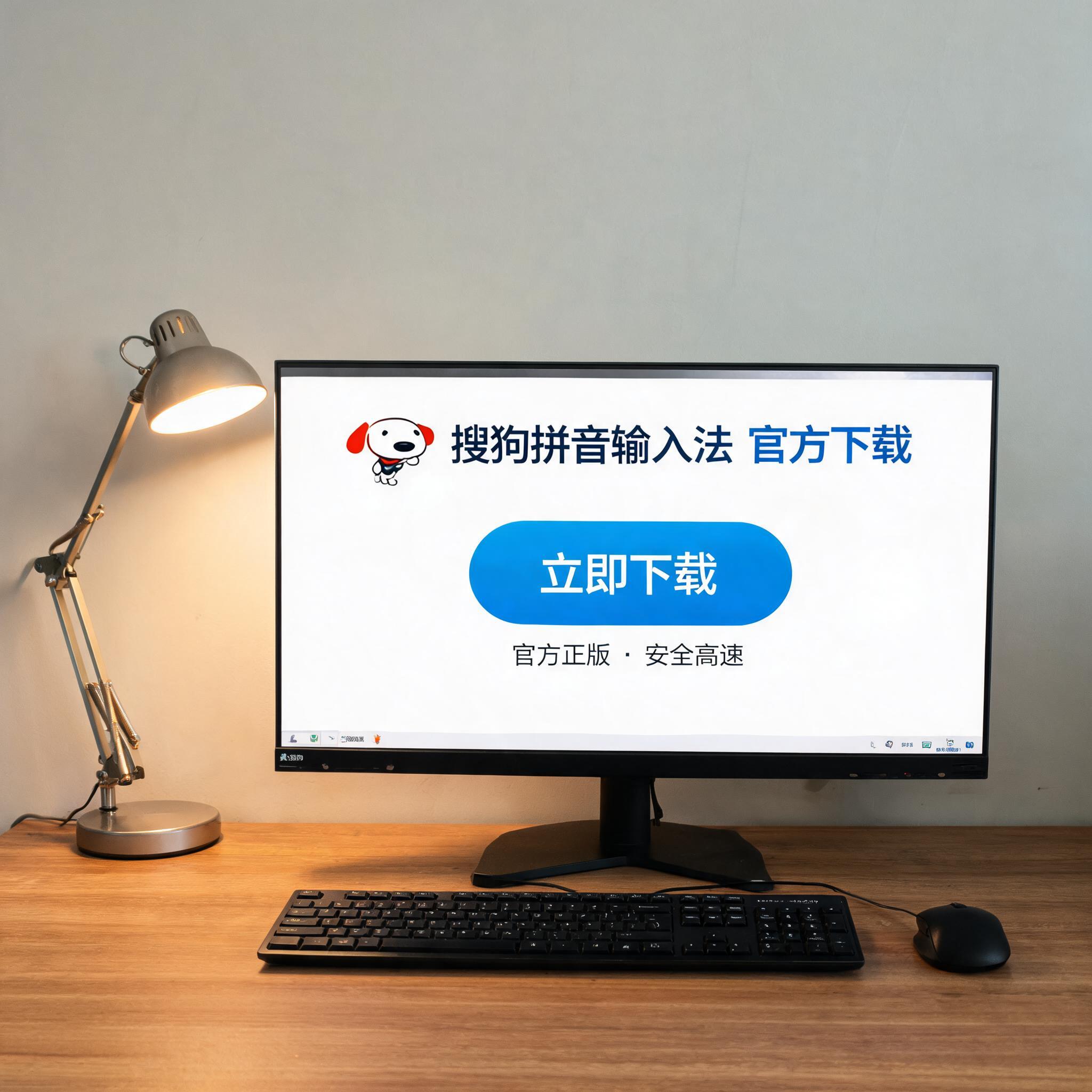 电脑桌上的电脑，屏幕显示搜狗拼音输入法下载界面，旁边放着台灯