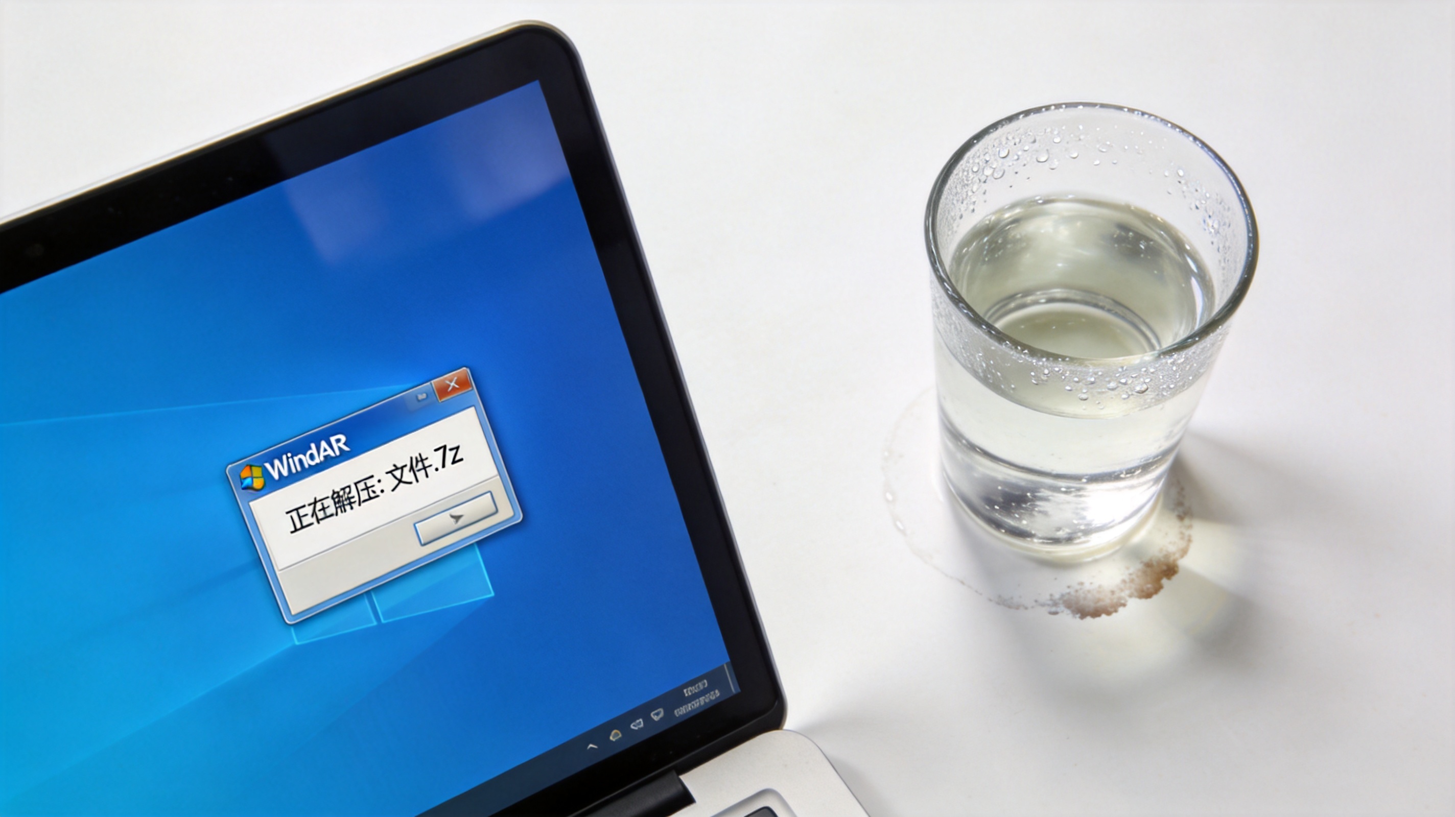 Windows系统的电脑屏幕显示WinRAR软件界面，正在解压7Z格式压缩包，桌面旁放着半杯白水