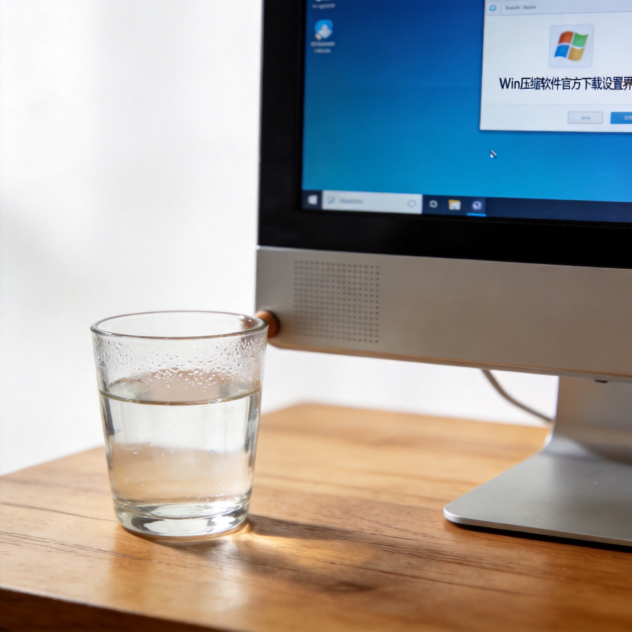 书桌上的主机，屏幕显示win 压缩软件官方下载设置界面，桌角放着水杯，自然光