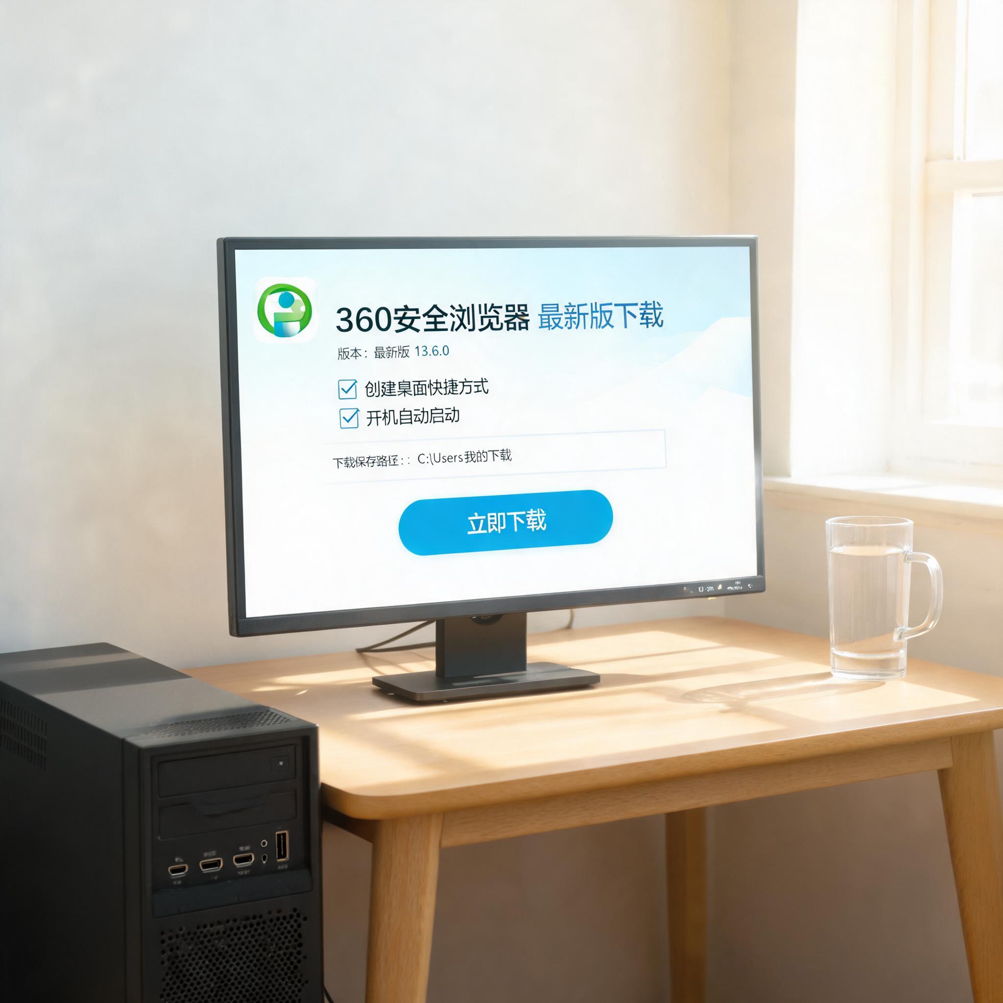 书桌上的主机，屏幕显示360 安全浏览器最新版下载设置界面，桌角放着水杯，自然光
