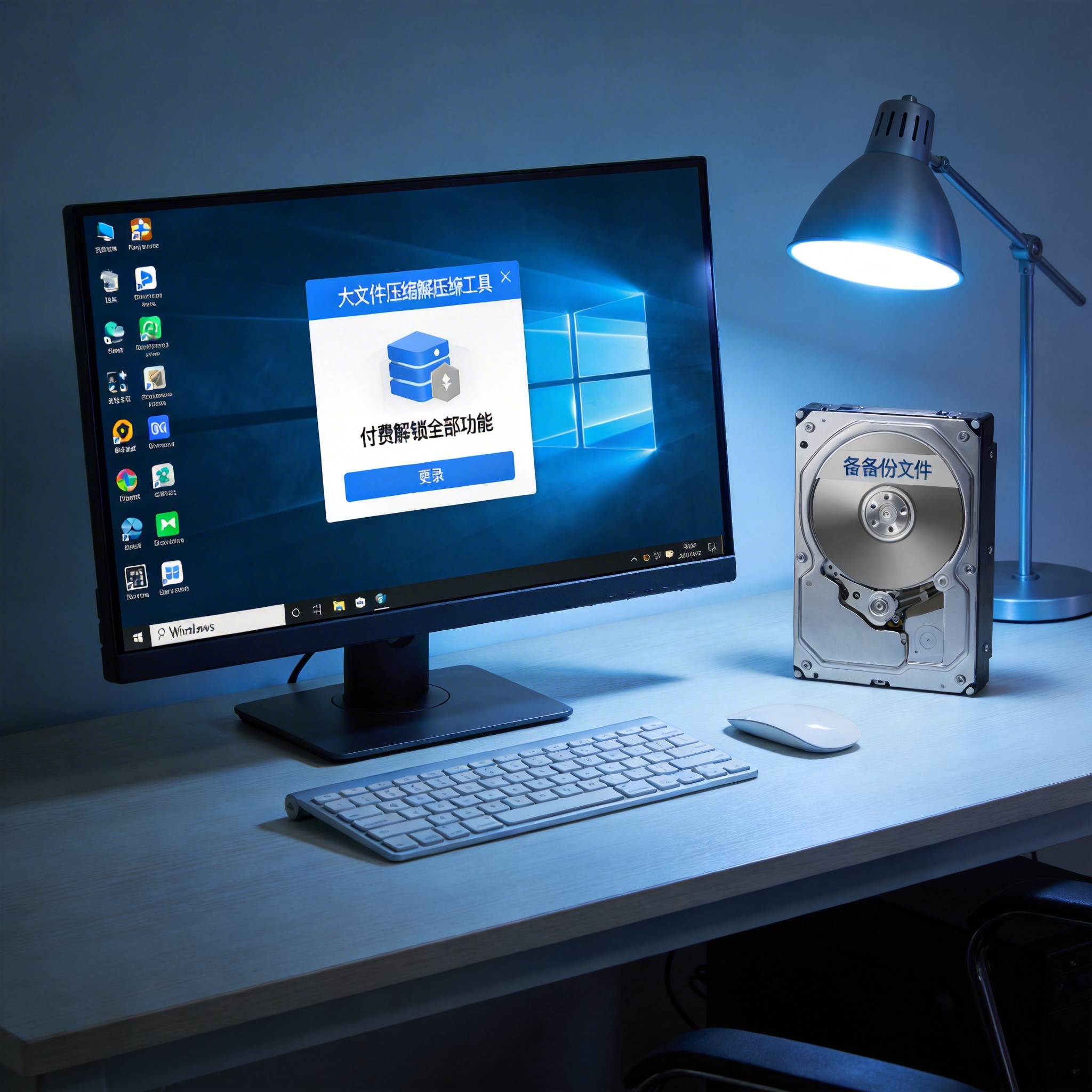 书桌的Windows系统电脑，屏幕显示大文件压缩解压缩工具的付费限制弹窗，旁边摆着存有备份文件的硬盘，台灯冷光
