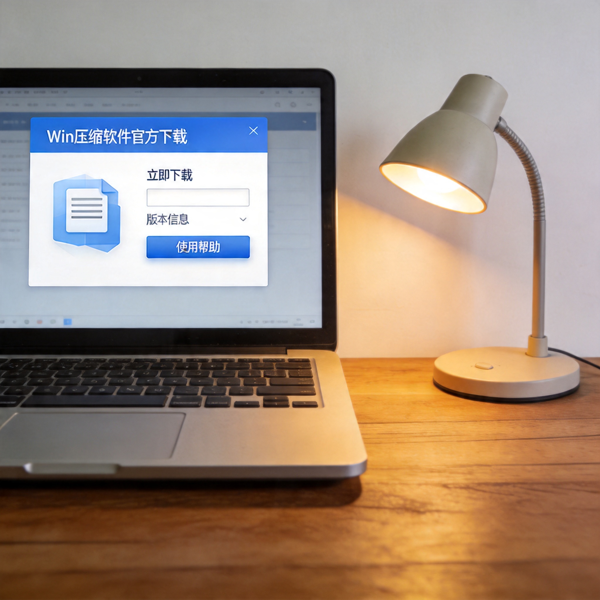 电脑桌上的电脑，屏幕显示win 压缩软件官方下载菜单，旁边放着台灯