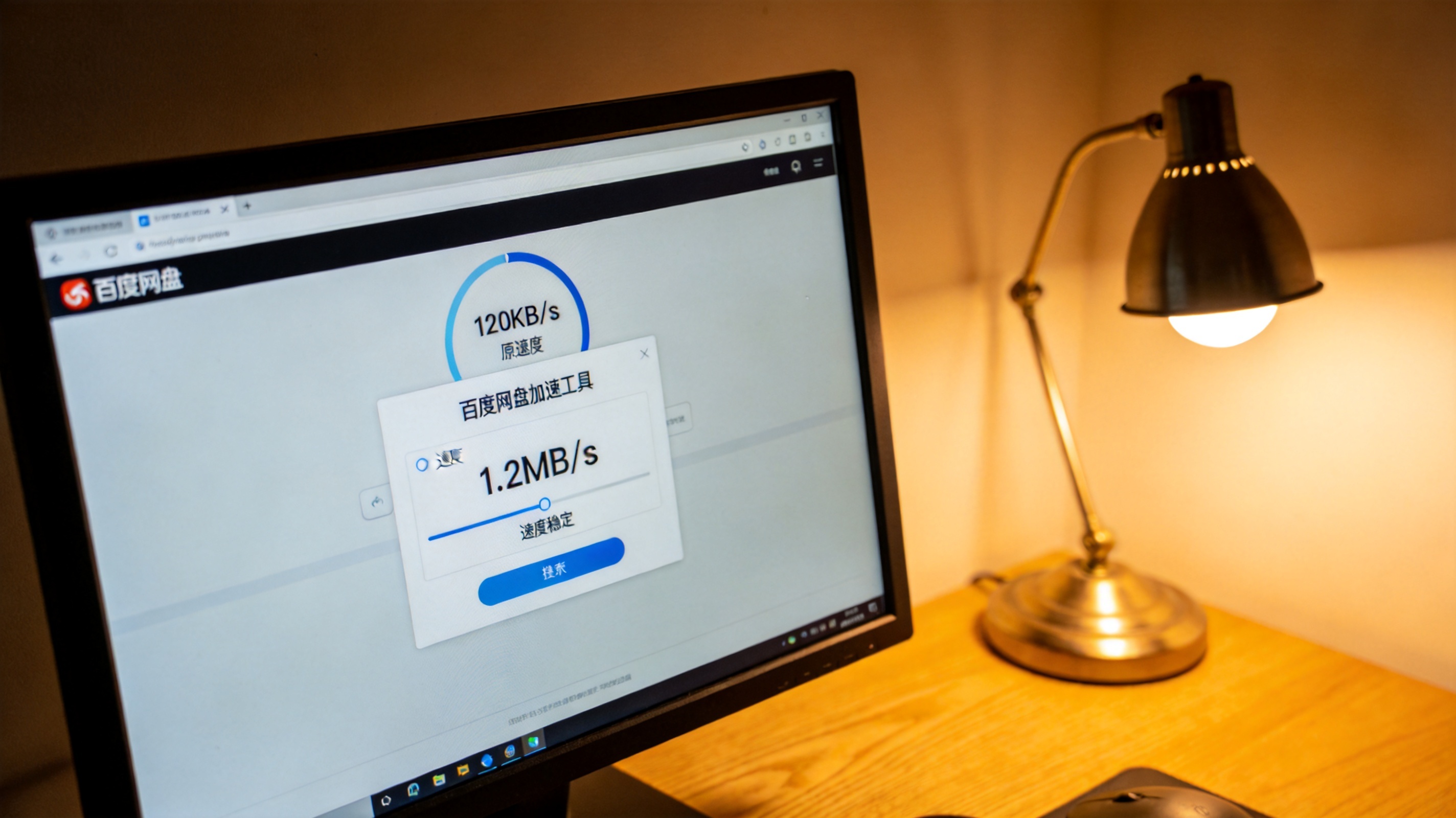 电脑屏幕显示百度网盘下载界面，原速度120KB/s，下方显示百度网盘加速工具的加速状态，速度稳定在1.2MB/s，桌面有台灯暖光