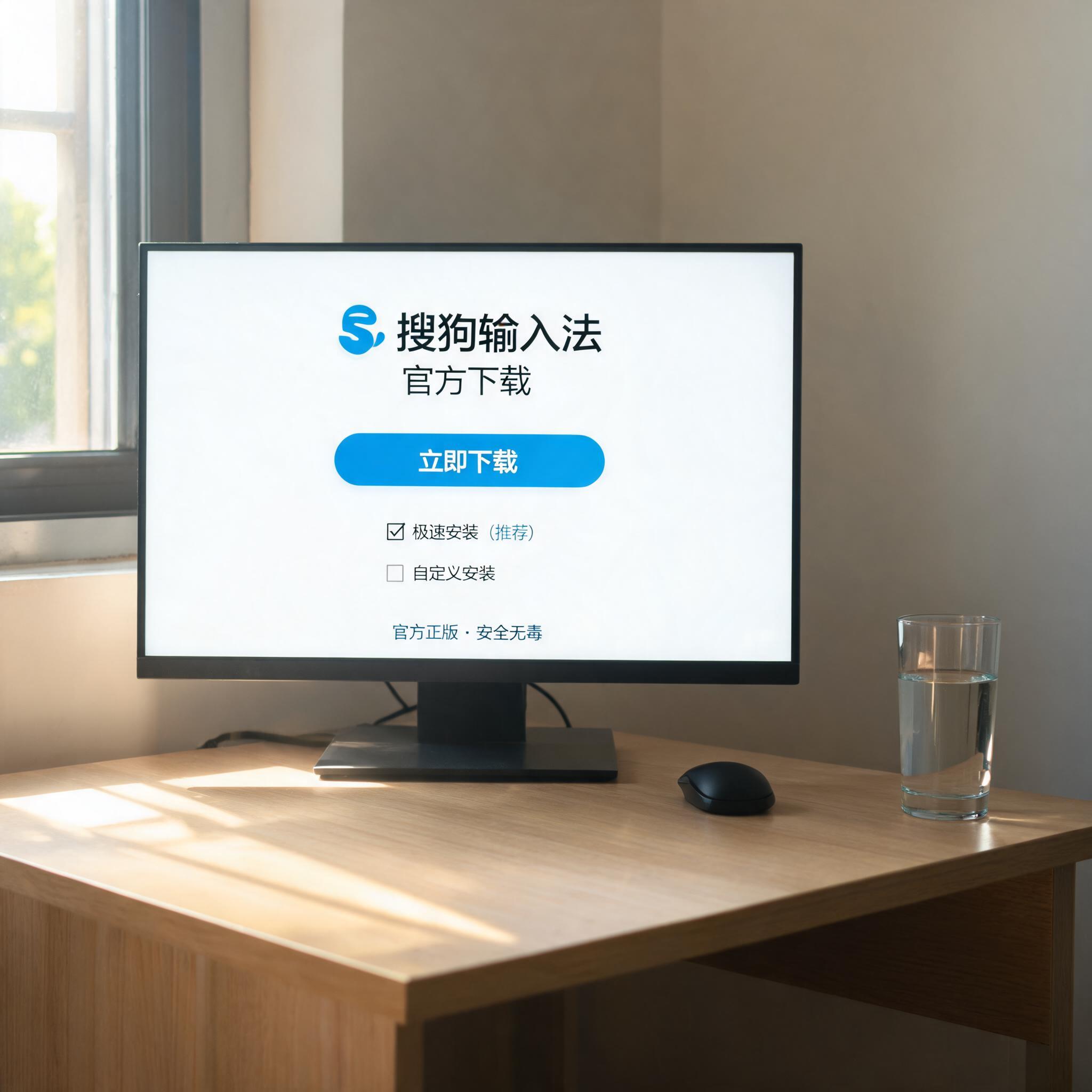 书桌上的电脑，屏幕显示搜狗输入法官方下载设置界面，桌角放着水杯，自然光