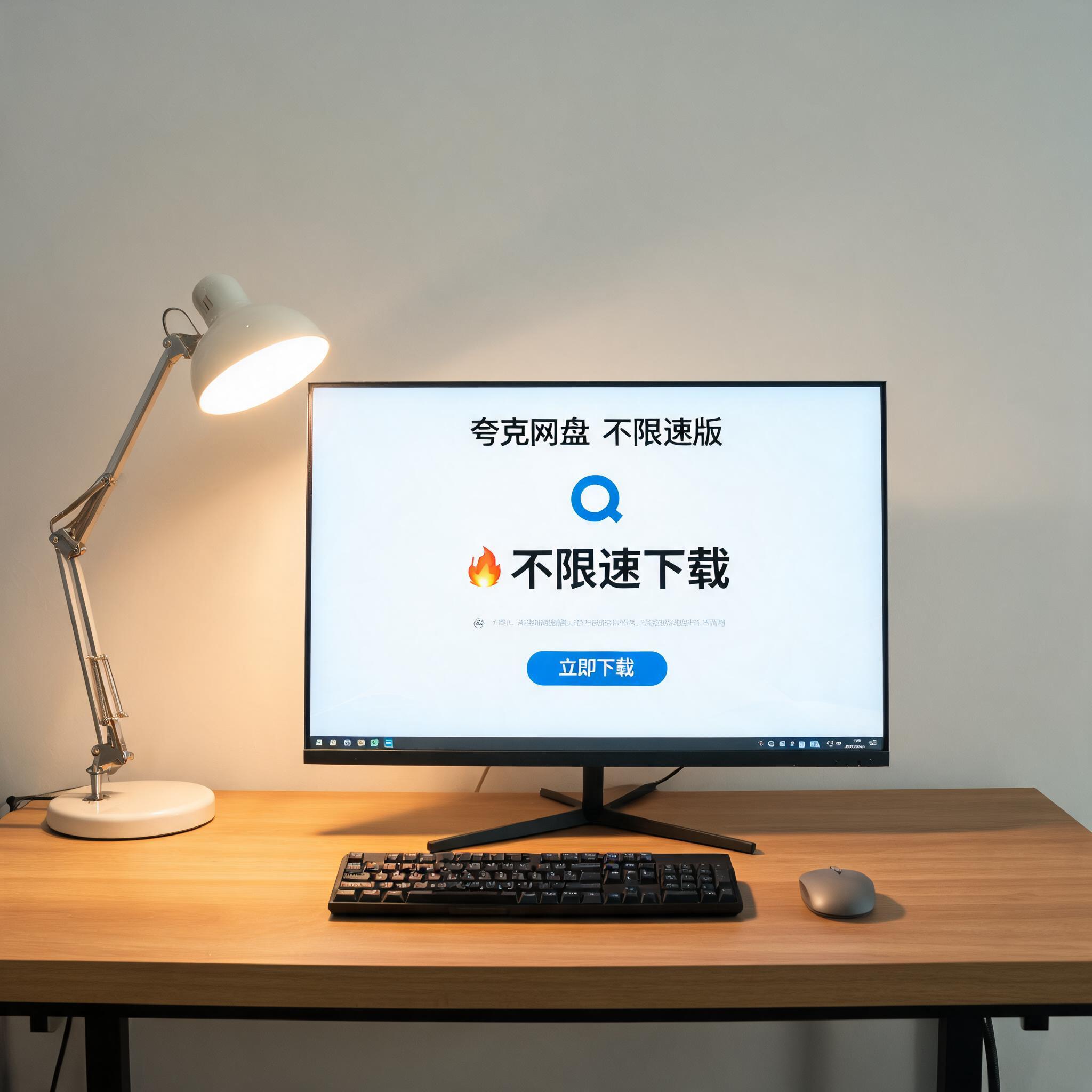 电脑桌上的电脑，屏幕显示夸克网盘不限速版下载界面，旁边放着台灯