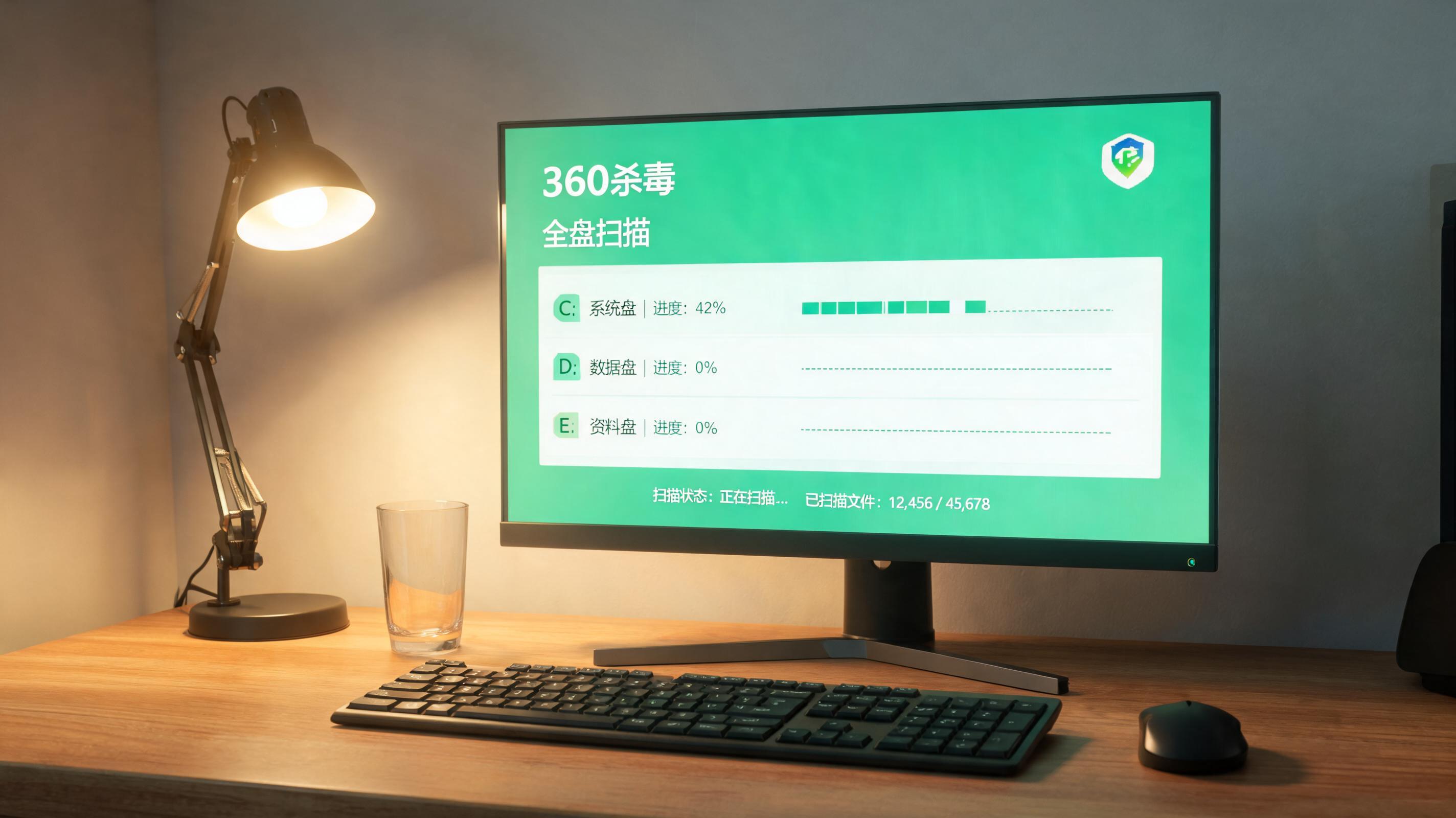 电脑桌上的电脑，屏幕显示360 杀毒全盘扫描分区，旁边放着台灯