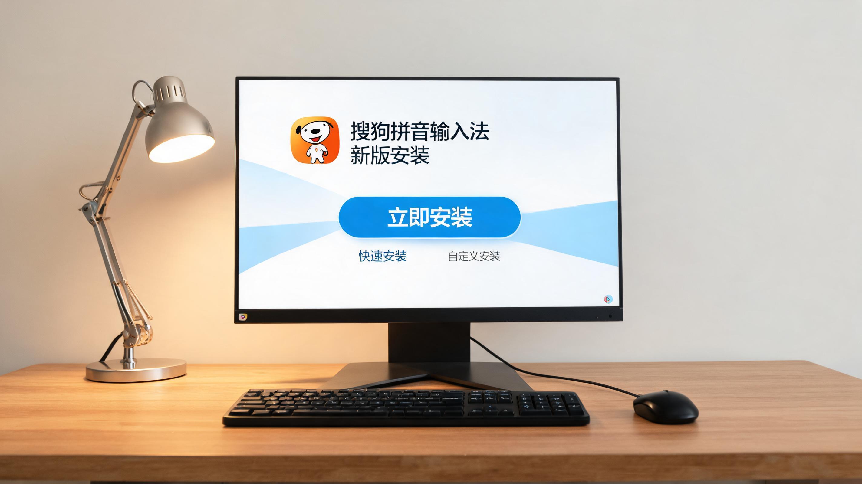 电脑桌上的电脑，屏幕显示搜狗拼音输入法新版安装界面，旁边放着台灯