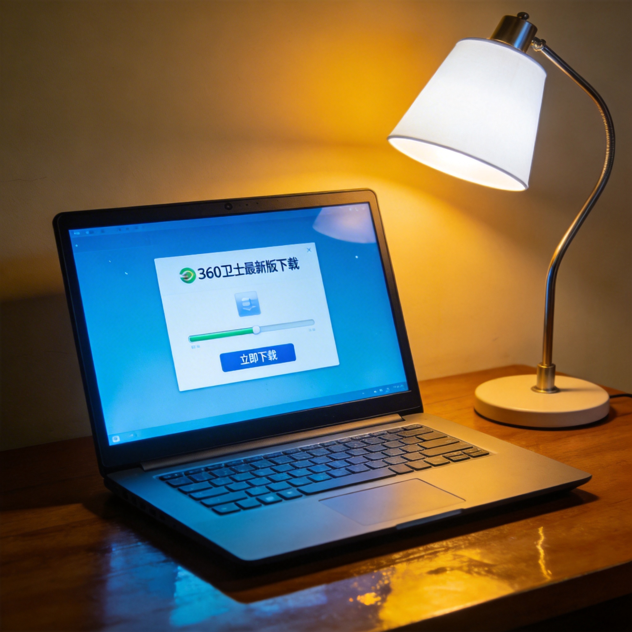 电脑桌上的电脑，屏幕显示360 卫士最新版下载界面，旁边放着台灯