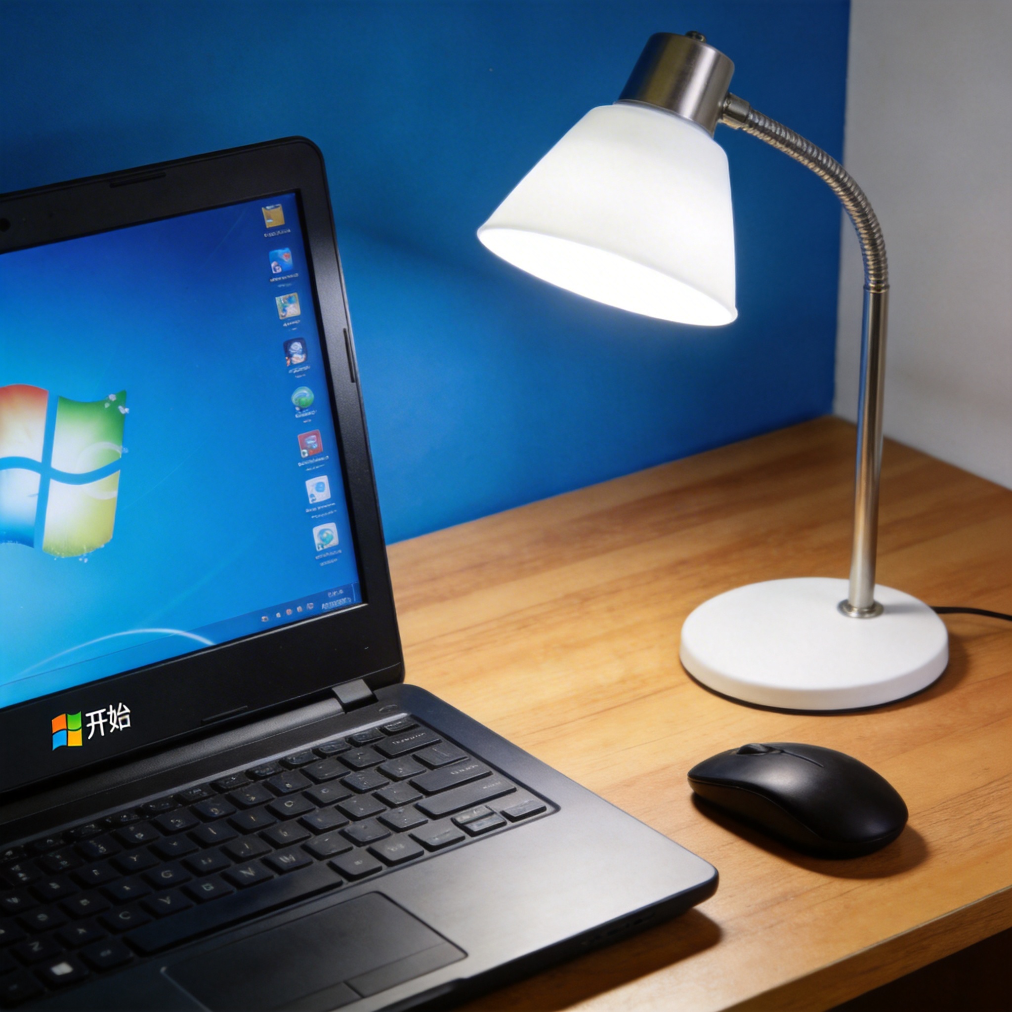 电脑桌上的电脑，屏幕显示Windows界面，旁边放着台灯