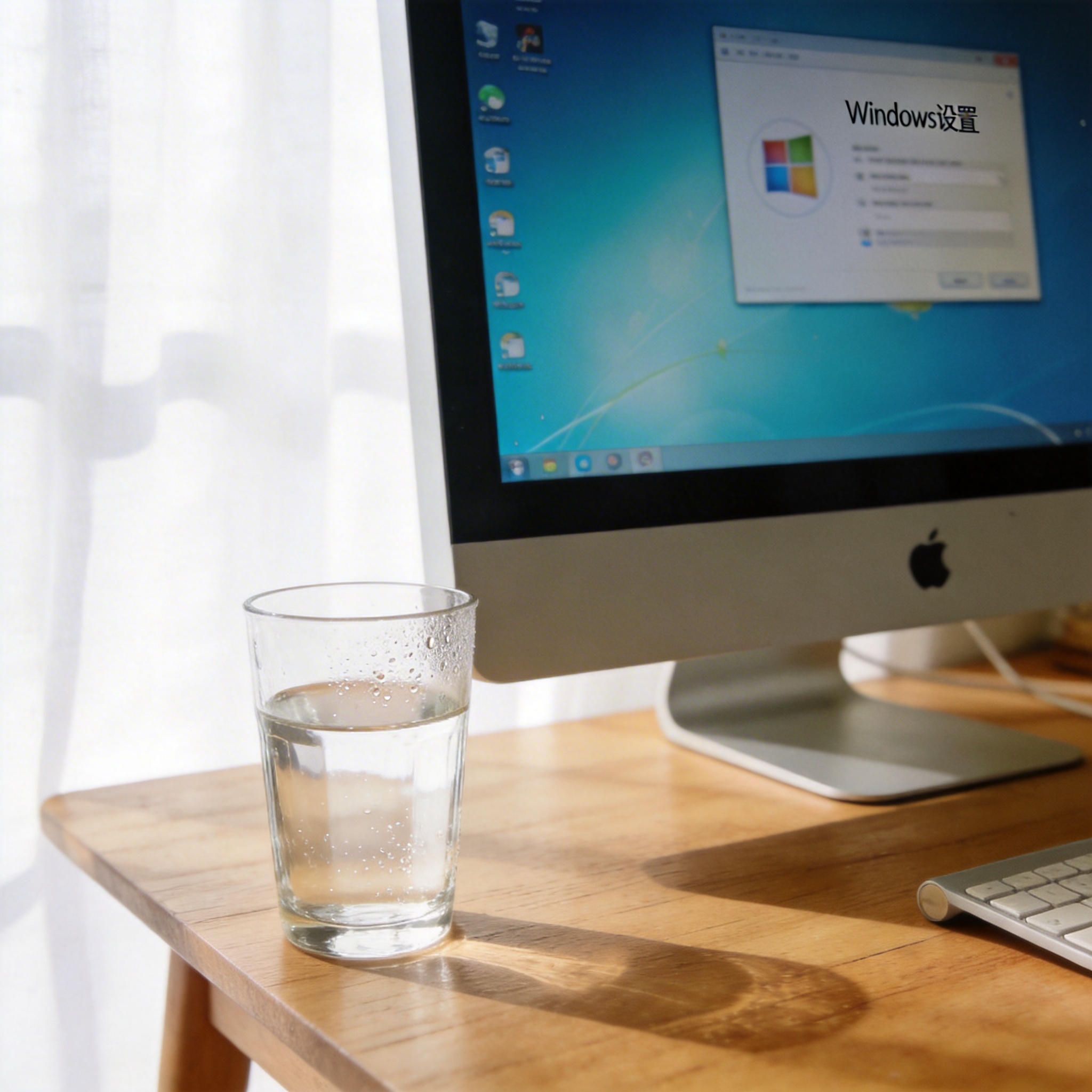 书桌上的主机，屏幕显示Windows设置界面，桌角放着水杯，自然光