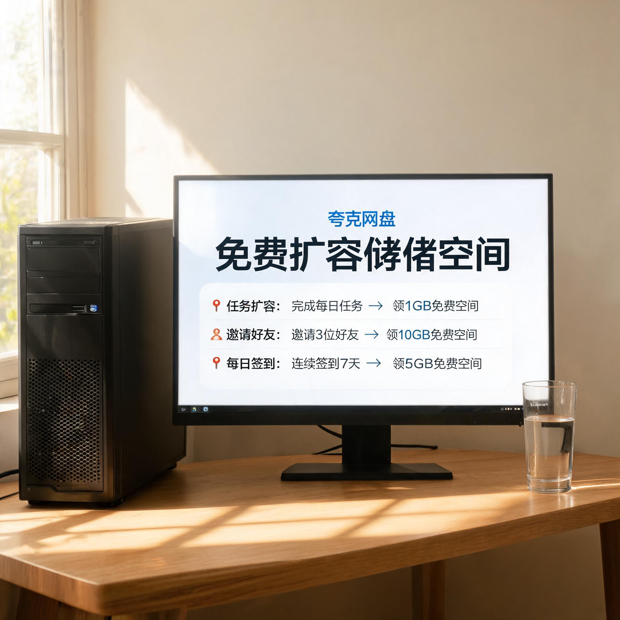 书桌上的主机，屏幕显示夸克网盘怎么扩容免费空间设置界面，桌角放着水杯，自然光