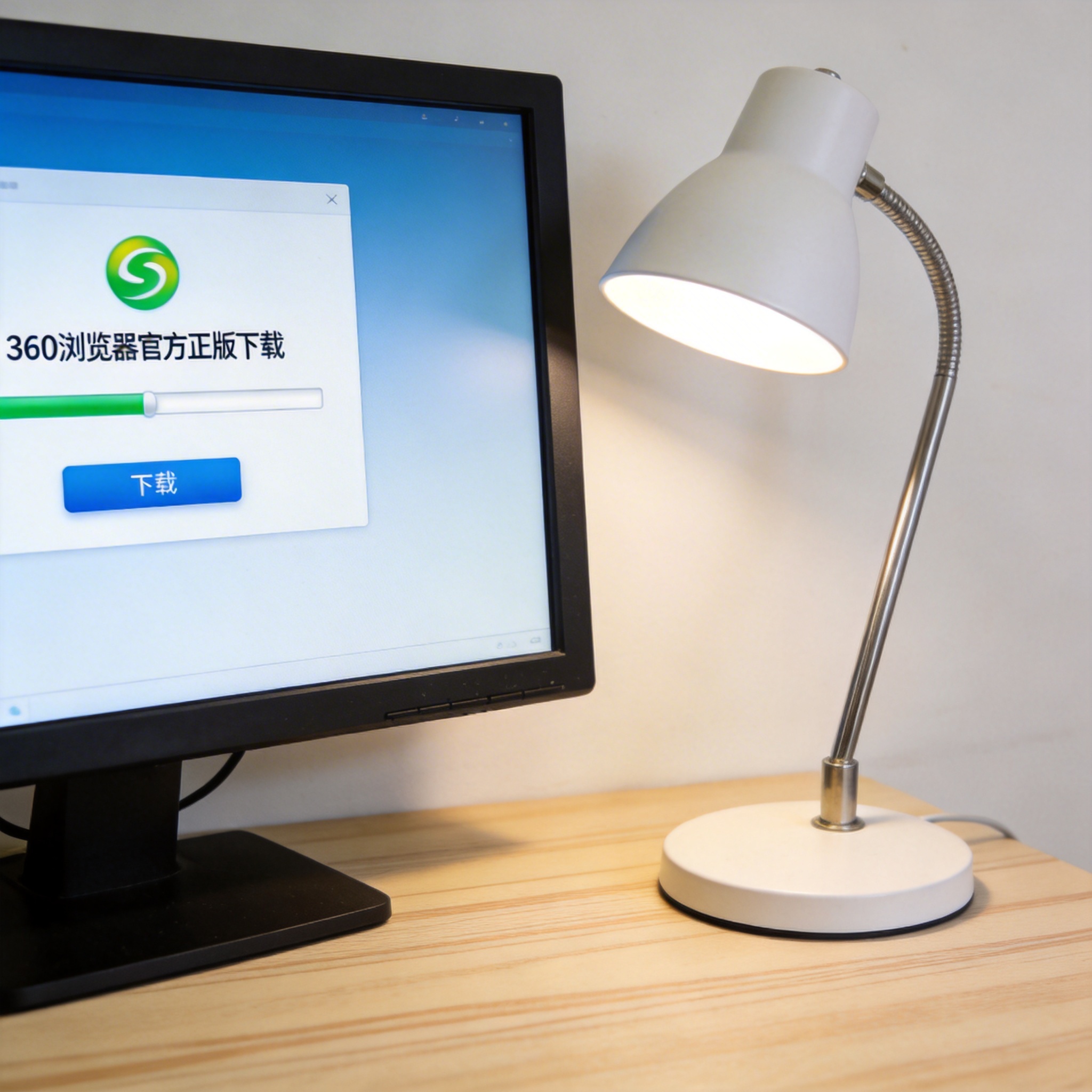 电脑桌上的电脑，屏幕显示360 浏览器官方正版下载界面，旁边放着台灯