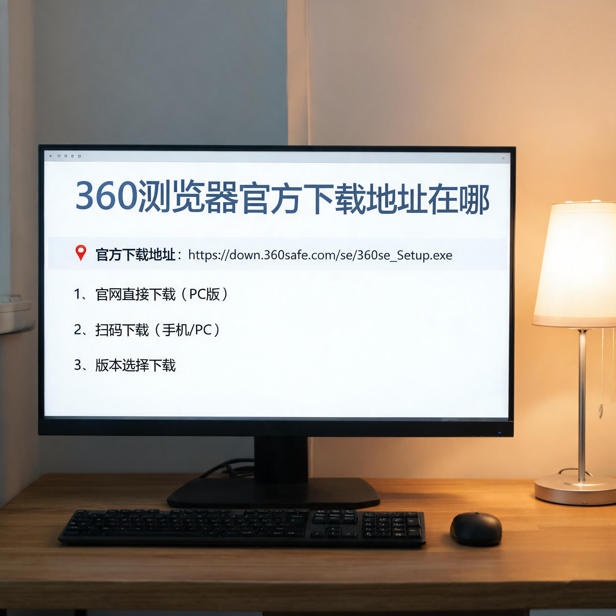 电脑桌上的电脑，屏幕显示360 浏览器官方下载地址在哪菜单，旁边放着台灯