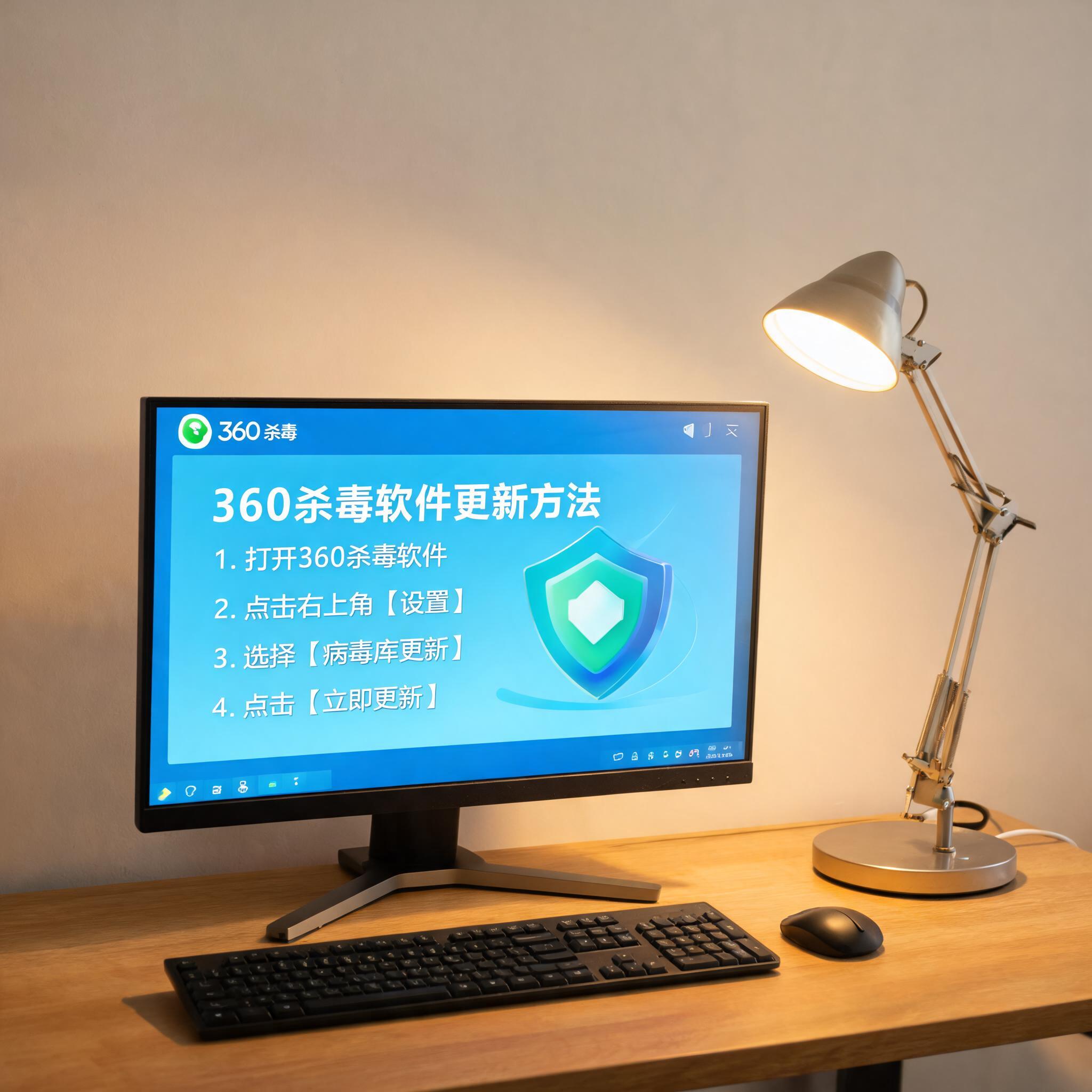 电脑桌上的电脑，屏幕显示360 杀毒软件更新方法界面，旁边放着台灯