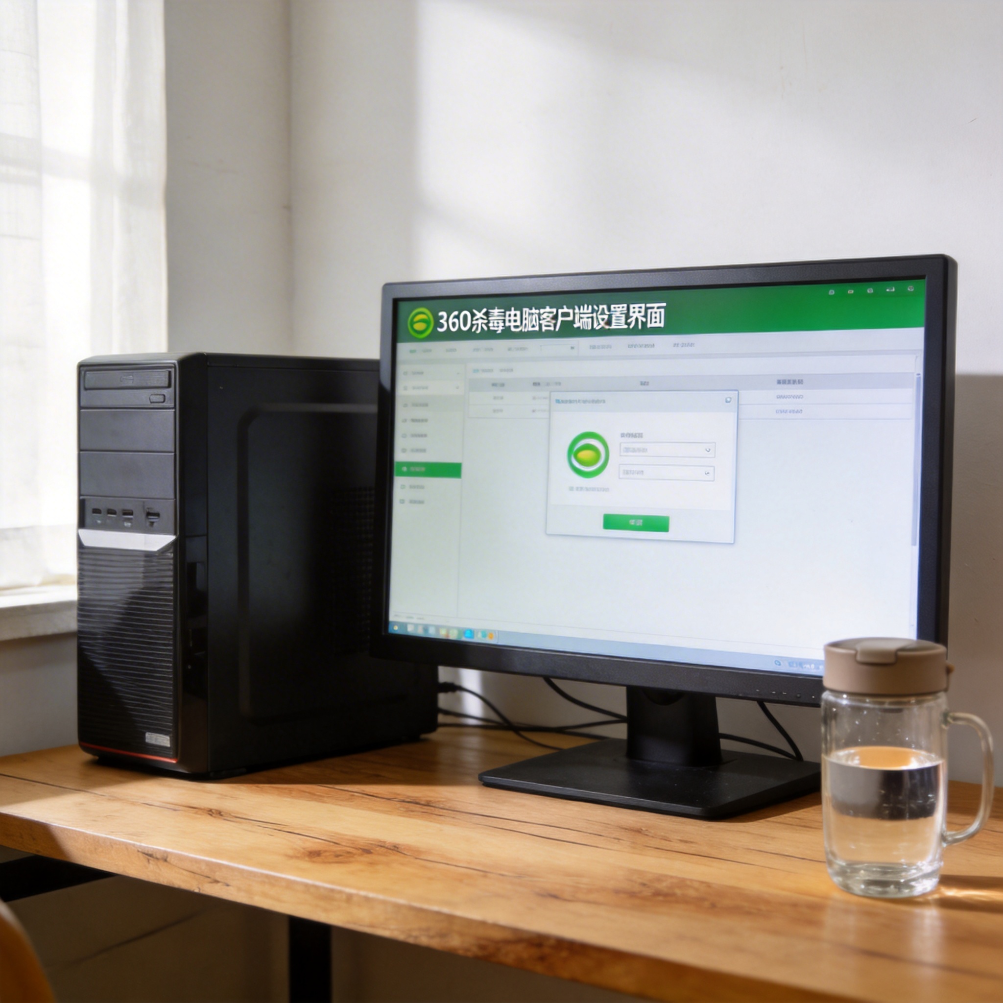 书桌上的主机，屏幕显示360 杀毒电脑客户端设置界面，桌角放着水杯，自然光