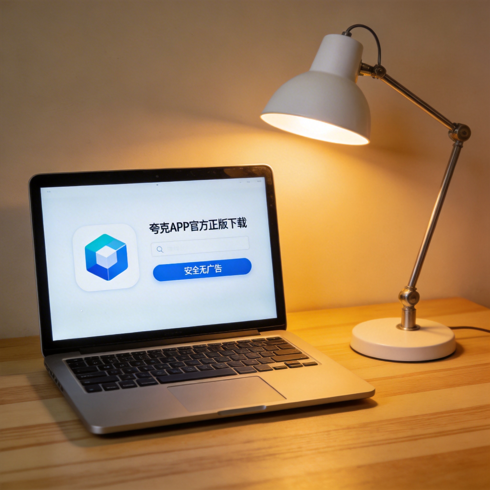 电脑桌上的电脑，屏幕显示夸克 APP 官方正版下载界面，旁边放着台灯