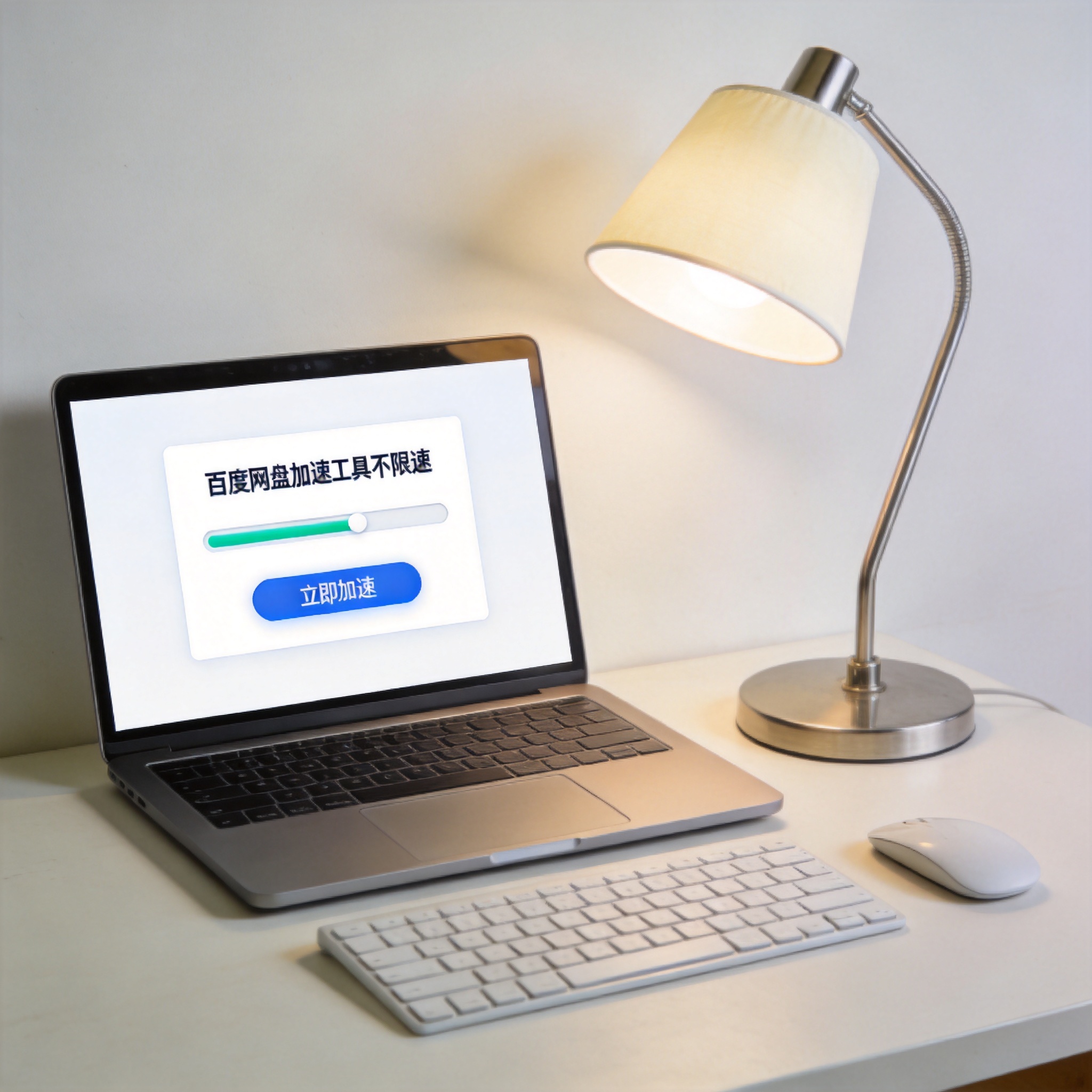 电脑桌上的电脑，屏幕显示百度网盘加速工具不限速界面，旁边放着台灯