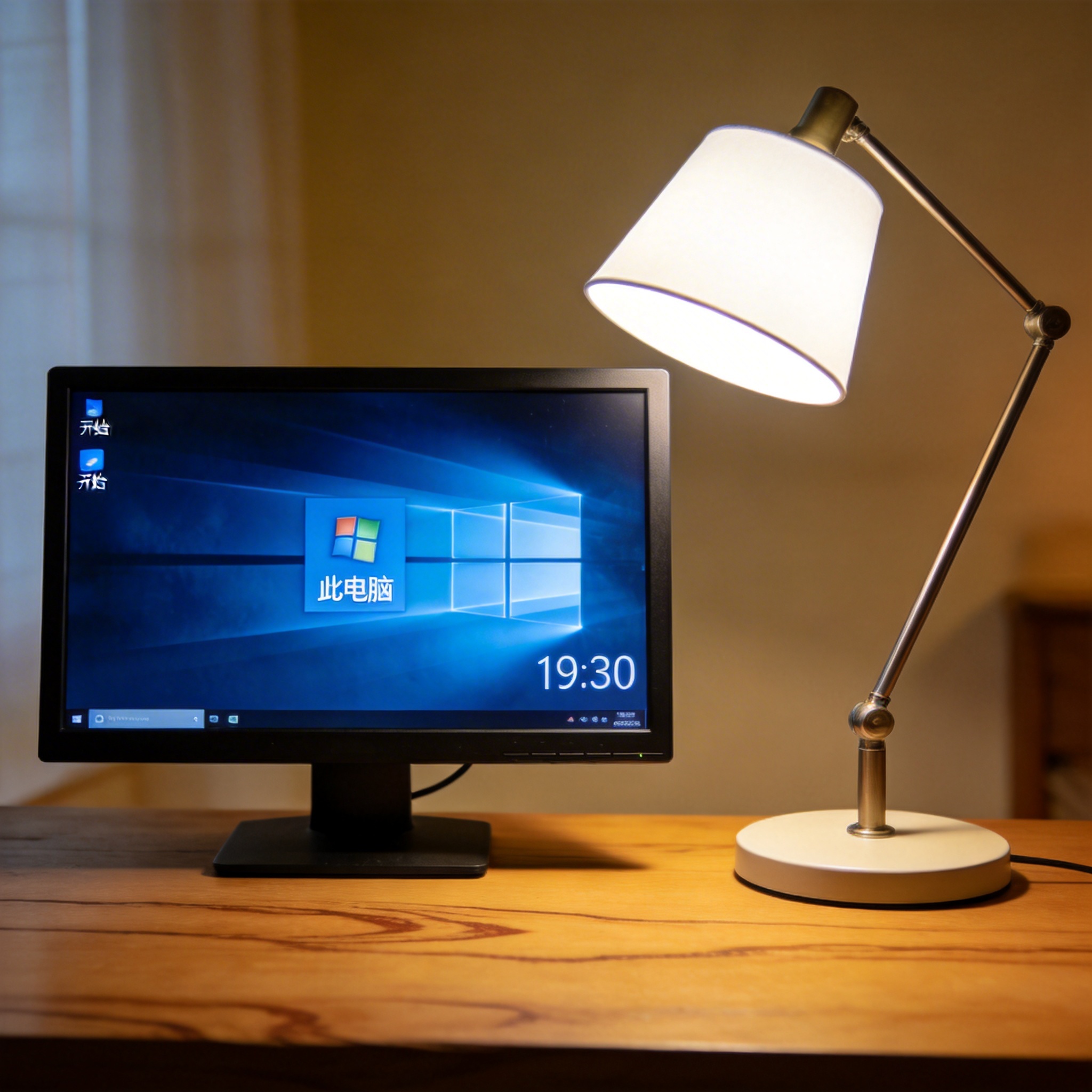 电脑桌上的电脑，屏幕显示Windows界面，旁边放着台灯