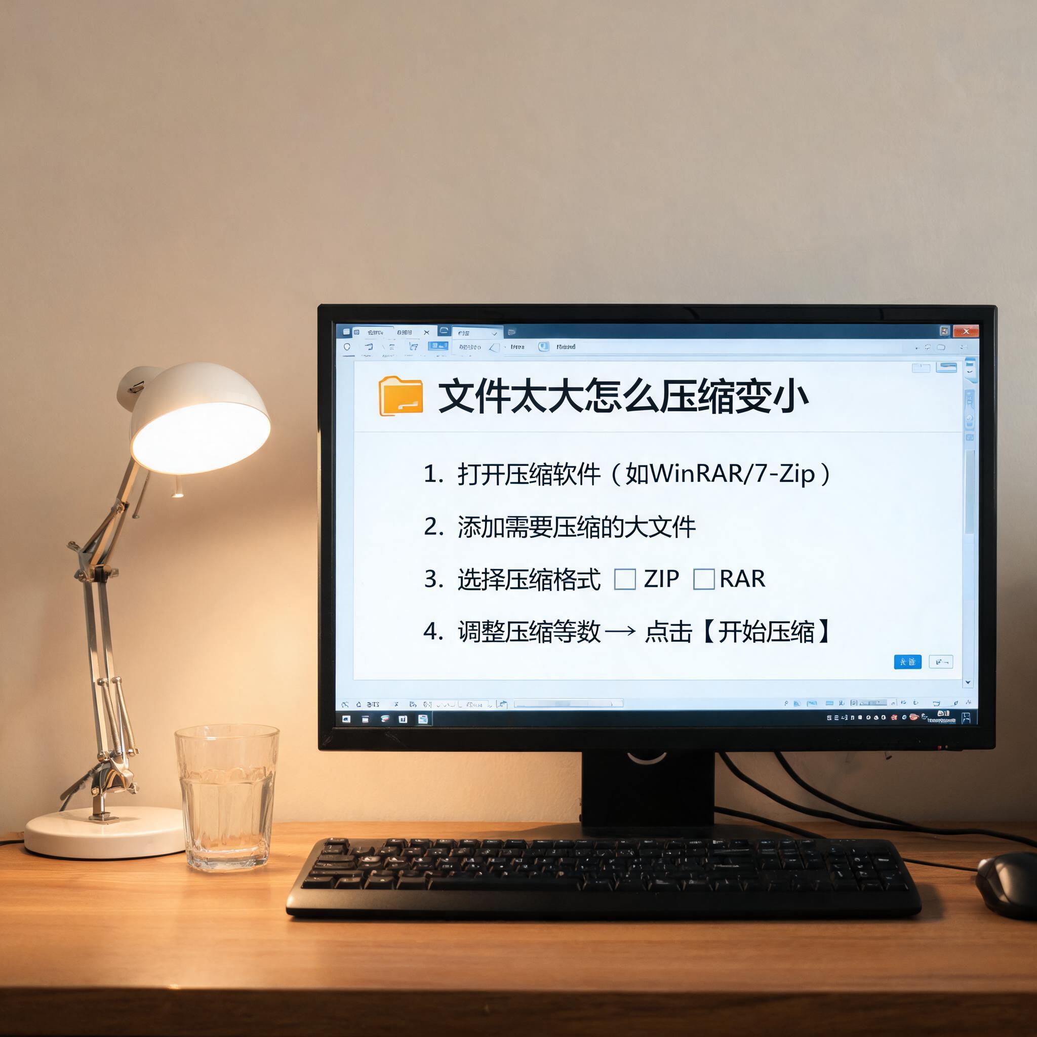 电脑桌上的电脑，屏幕显示文件太大怎么压缩变小界面，旁边放着台灯