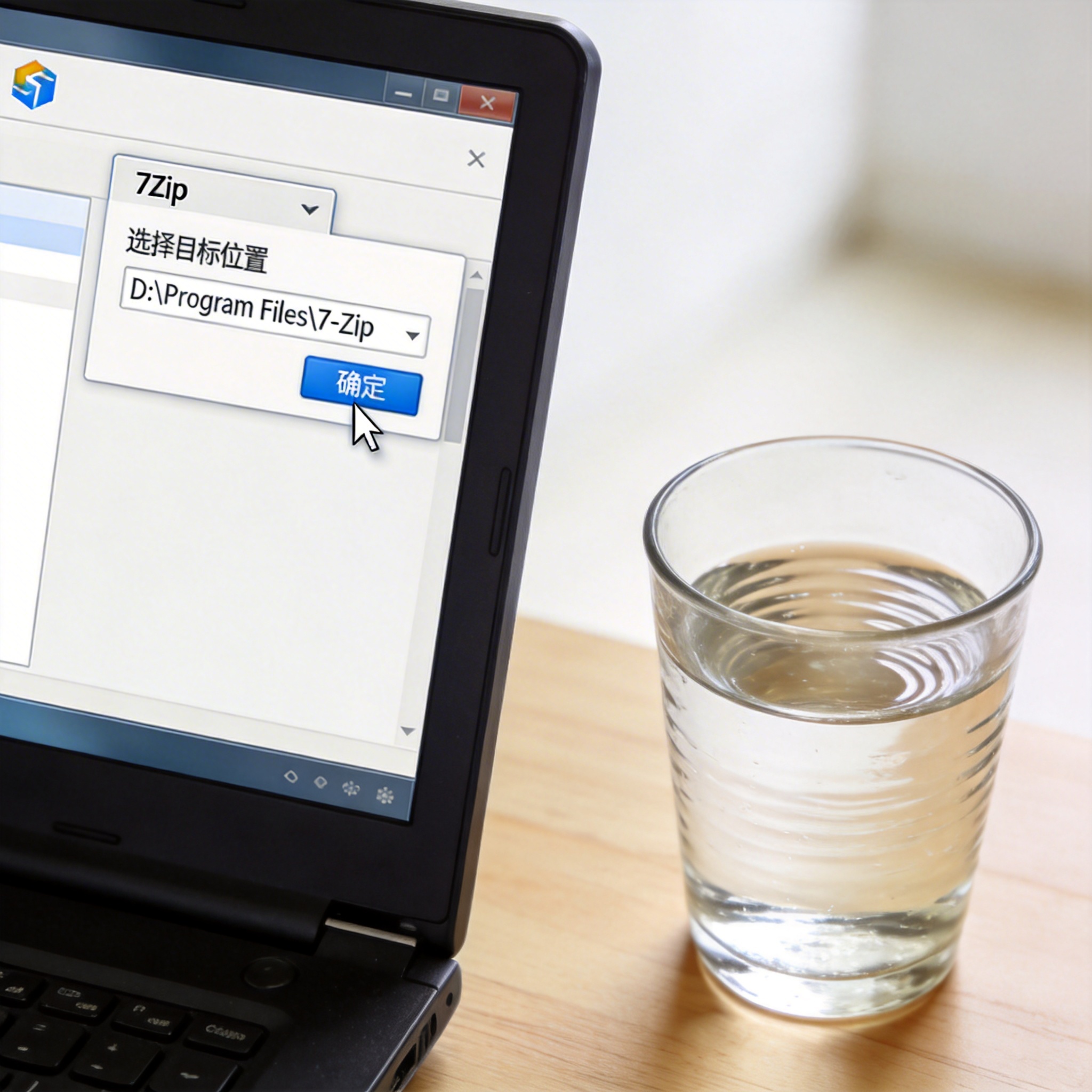 电脑桌前的台式电脑，屏幕显示7Zip软件的安装设置界面，正在选择D盘作为安装路径，旁边放着半玻璃杯温水，室内自然光