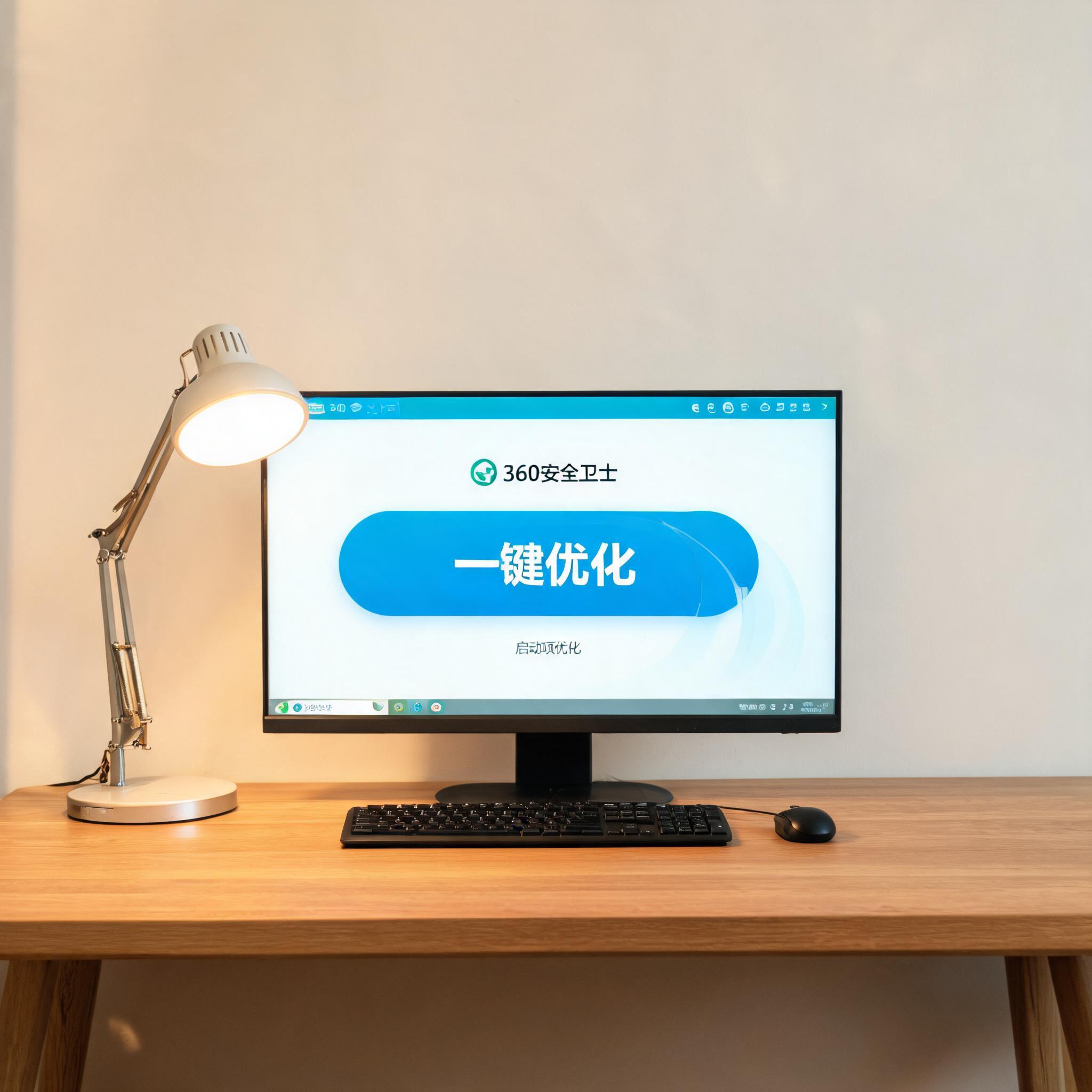 电脑桌上的电脑，屏幕显示360 卫士一键优化功能启动项，旁边放着台灯