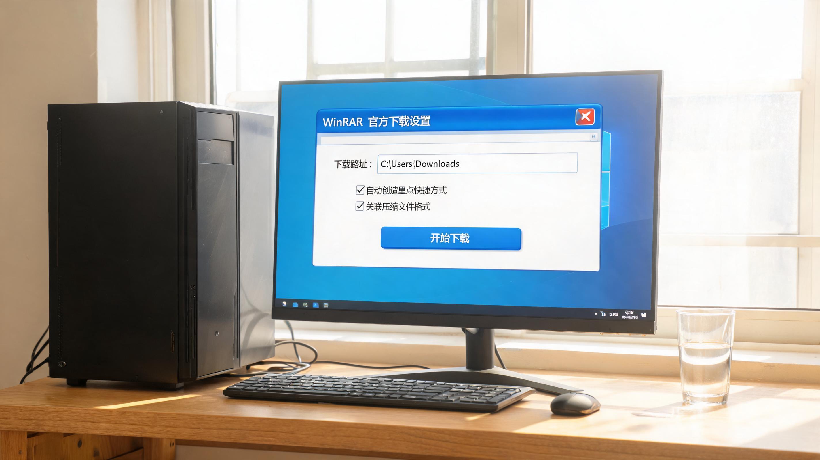 书桌上的主机，屏幕显示win 压缩软件官方下载设置界面，桌角放着水杯，自然光
