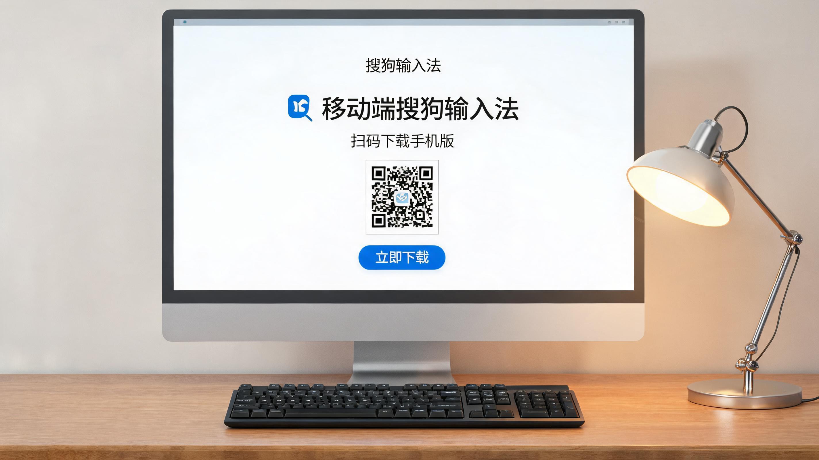 电脑桌上的键盘，屏幕显示移动端搜狗输入法下载界面，旁边放着台灯