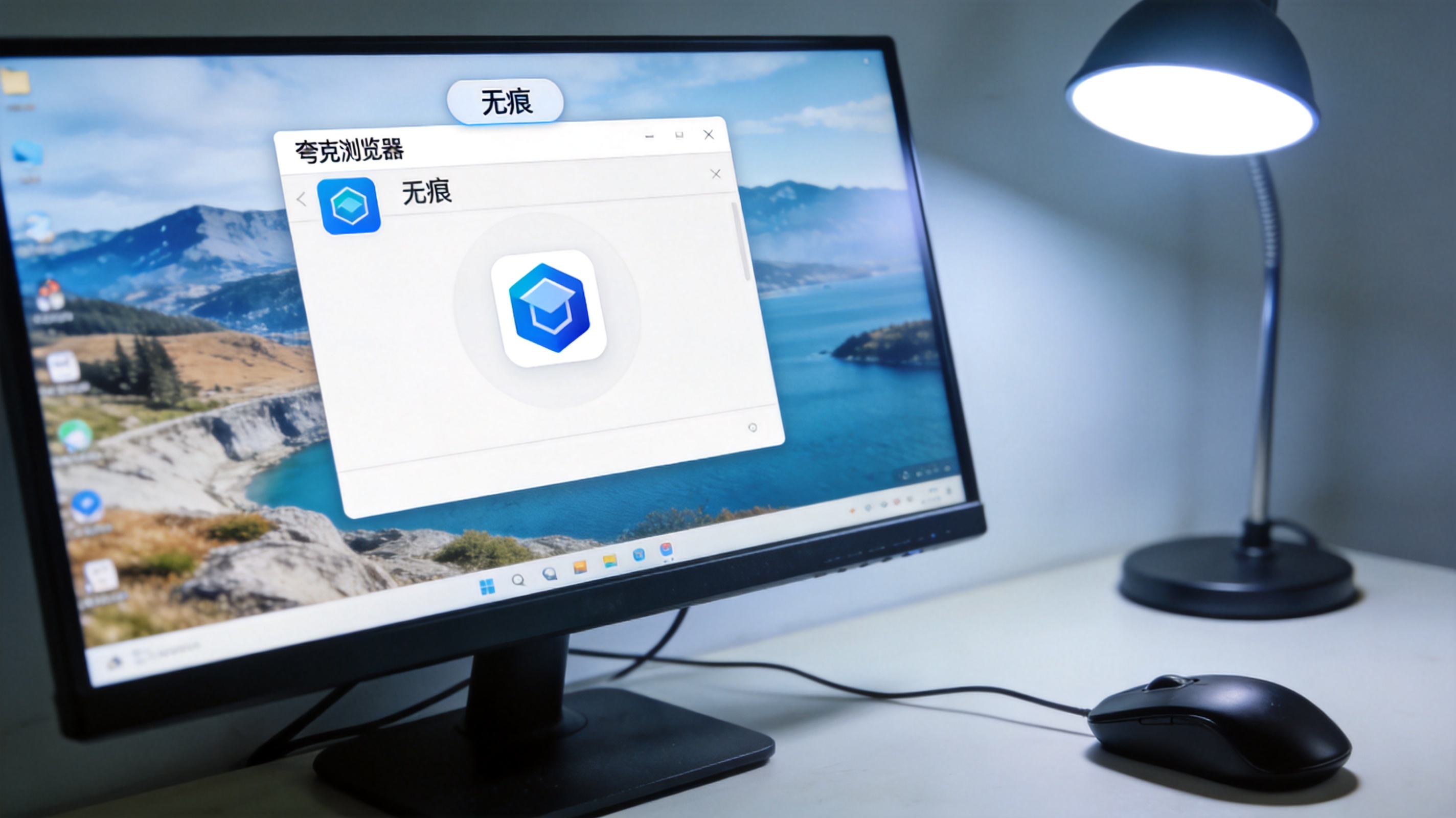 电脑屏幕显示夸克浏览器无痕模式窗口，窗口顶部有无痕标识，桌面背景是风景图，旁边放着黑色有线鼠标，台灯冷光