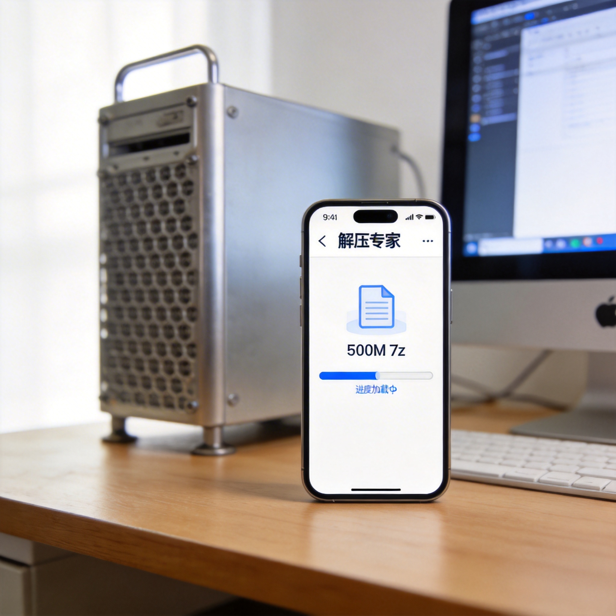 电脑桌的苹果手机，屏幕显示“解压专家”APP界面，正在解压500M的7z文件，旁边放着台式电脑，室内自然光