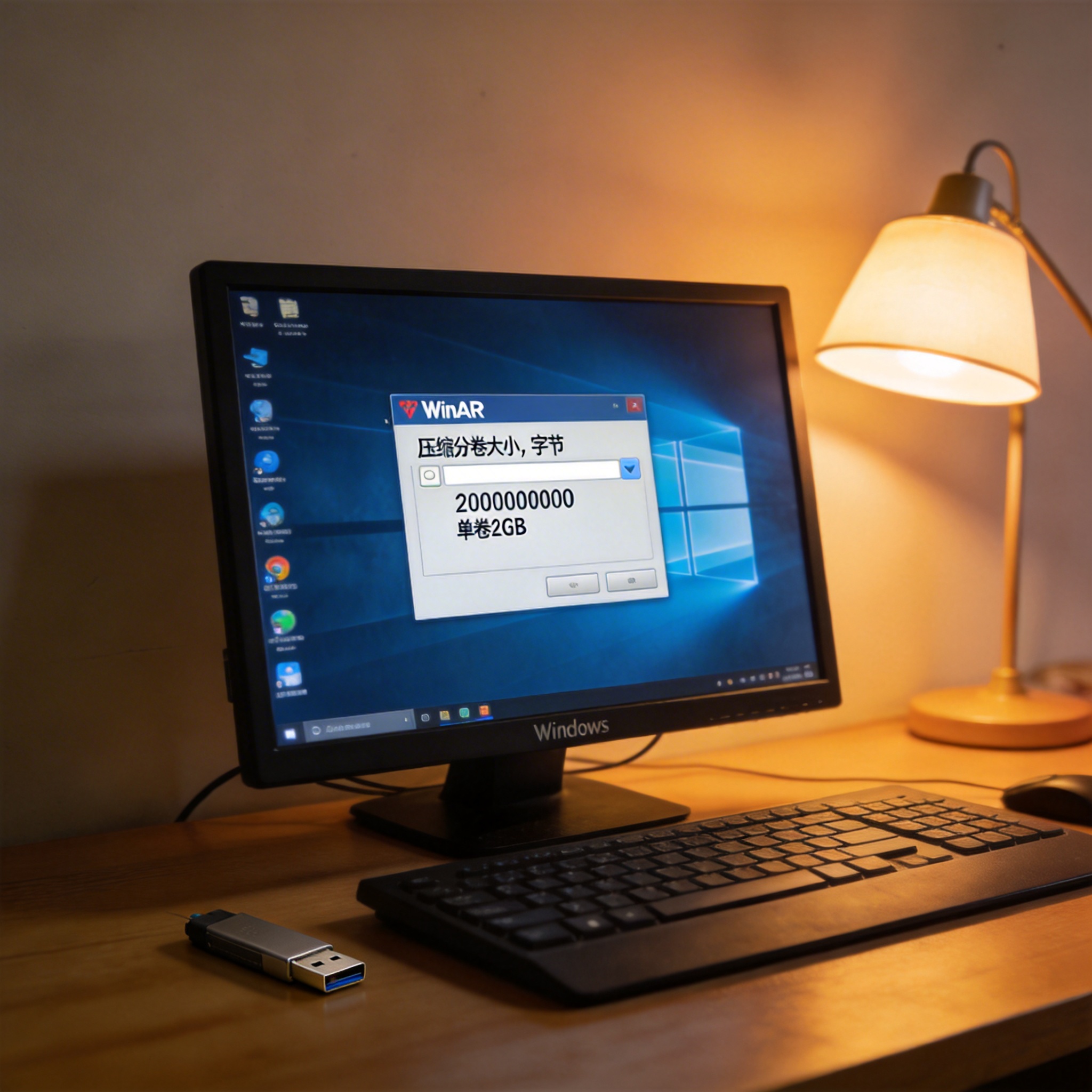 书桌的Windows系统电脑，屏幕显示WinRAR分卷压缩设置界面，已设置单卷2GB，旁边放着U盘，台灯暖光