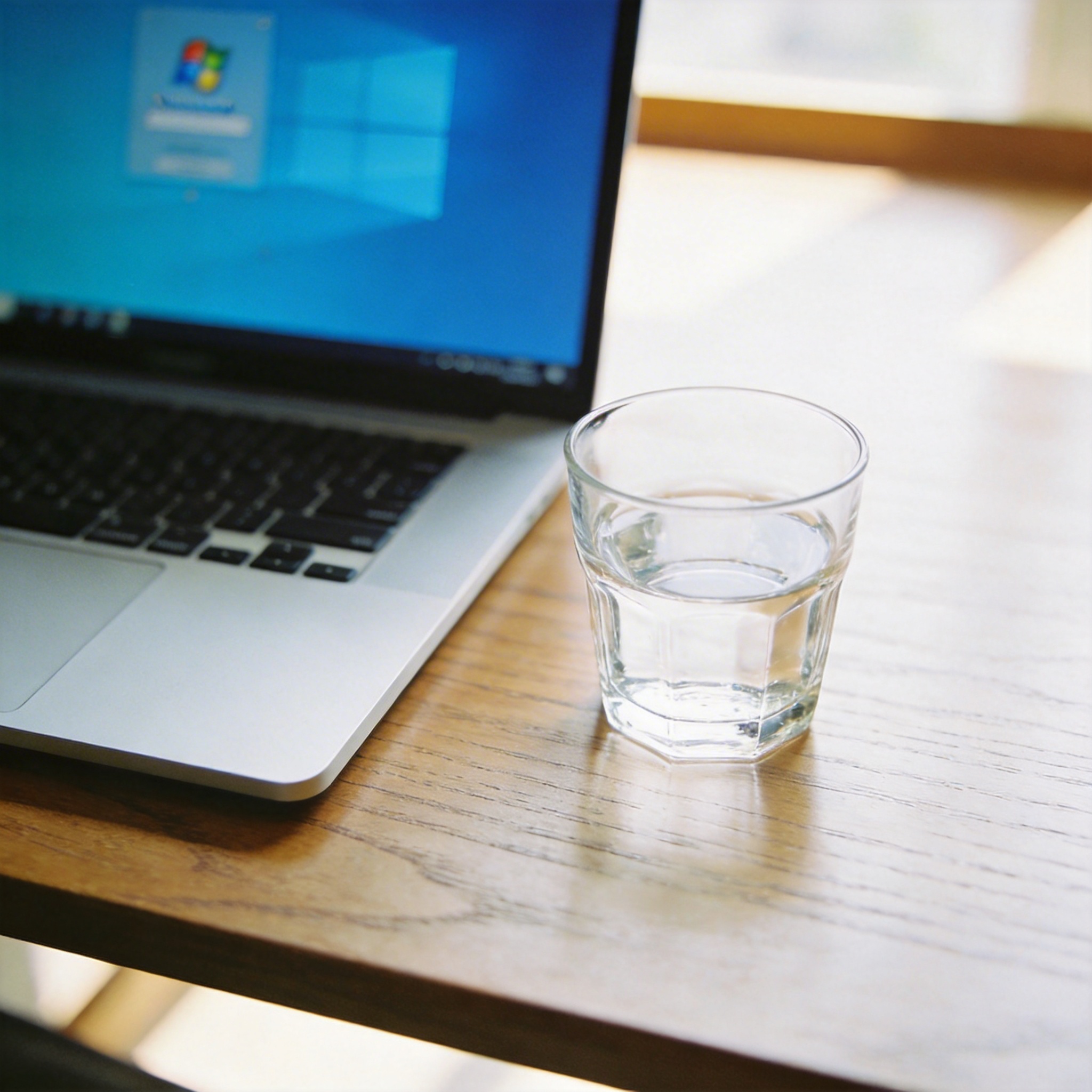 书桌上的笔记本，屏幕显示Windows设置界面，桌角放着水杯，自然光