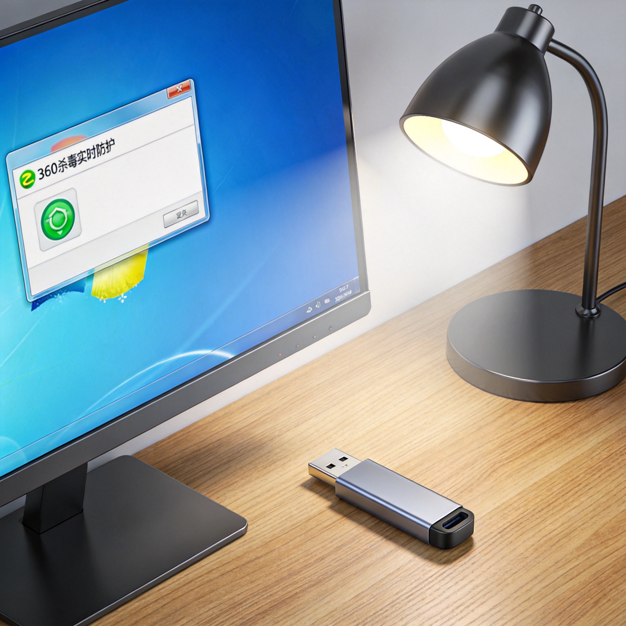 电脑桌上的U盘，屏幕显示360 杀毒实时防护功能窗口，旁边放着台灯