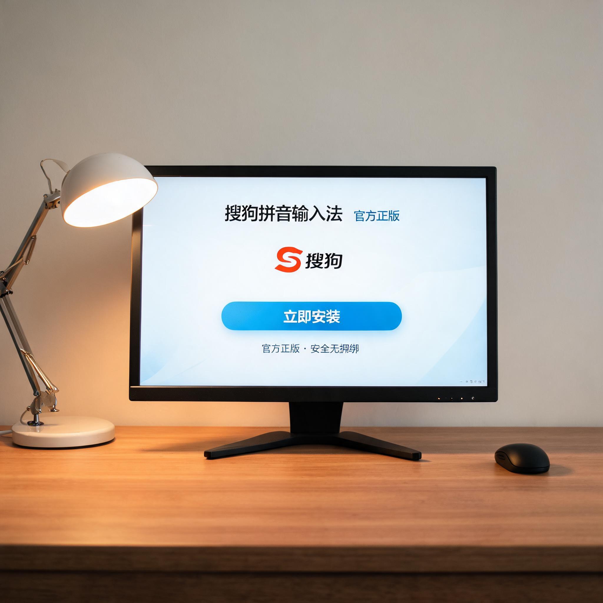 电脑桌上的电脑，屏幕显示搜狗拼音官方正版安装界面，旁边放着台灯